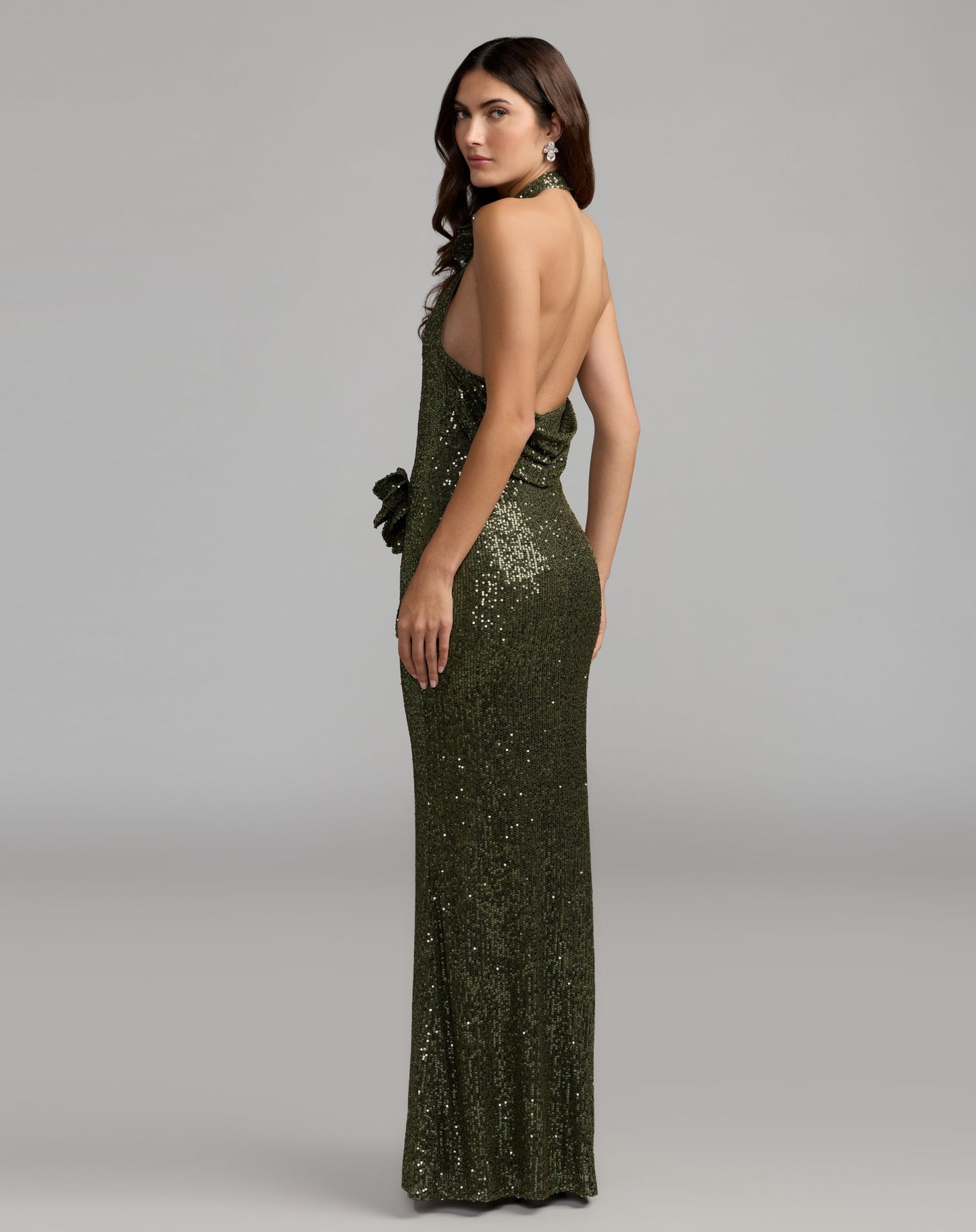 Green Halter Neck Sequin 3D Flower Column Gown - Ieena for Mac Duggal