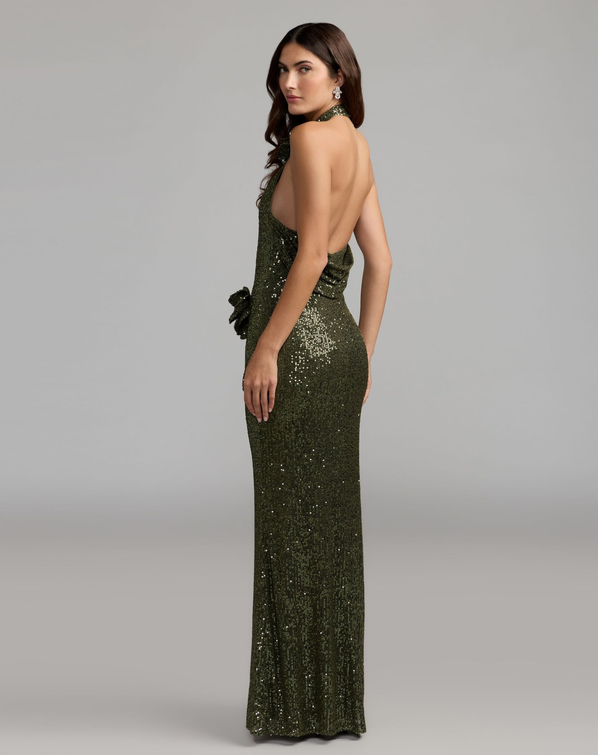 Green Halter Neck Sequin 3D Flower Column Gown - Ieena for Mac Duggal