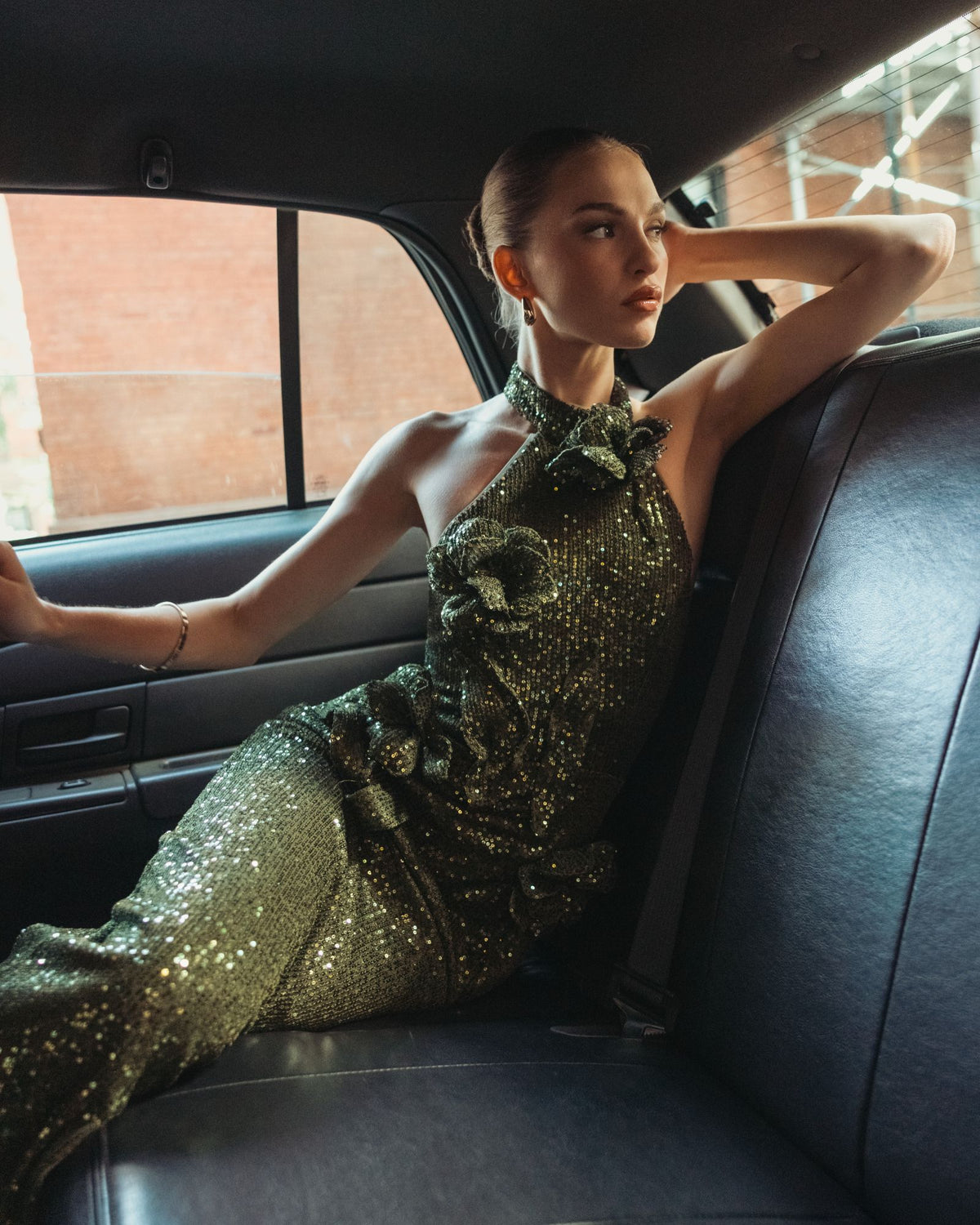 Green Halter Neck Sequin 3D Flower Column Gown - Ieena for Mac Duggal