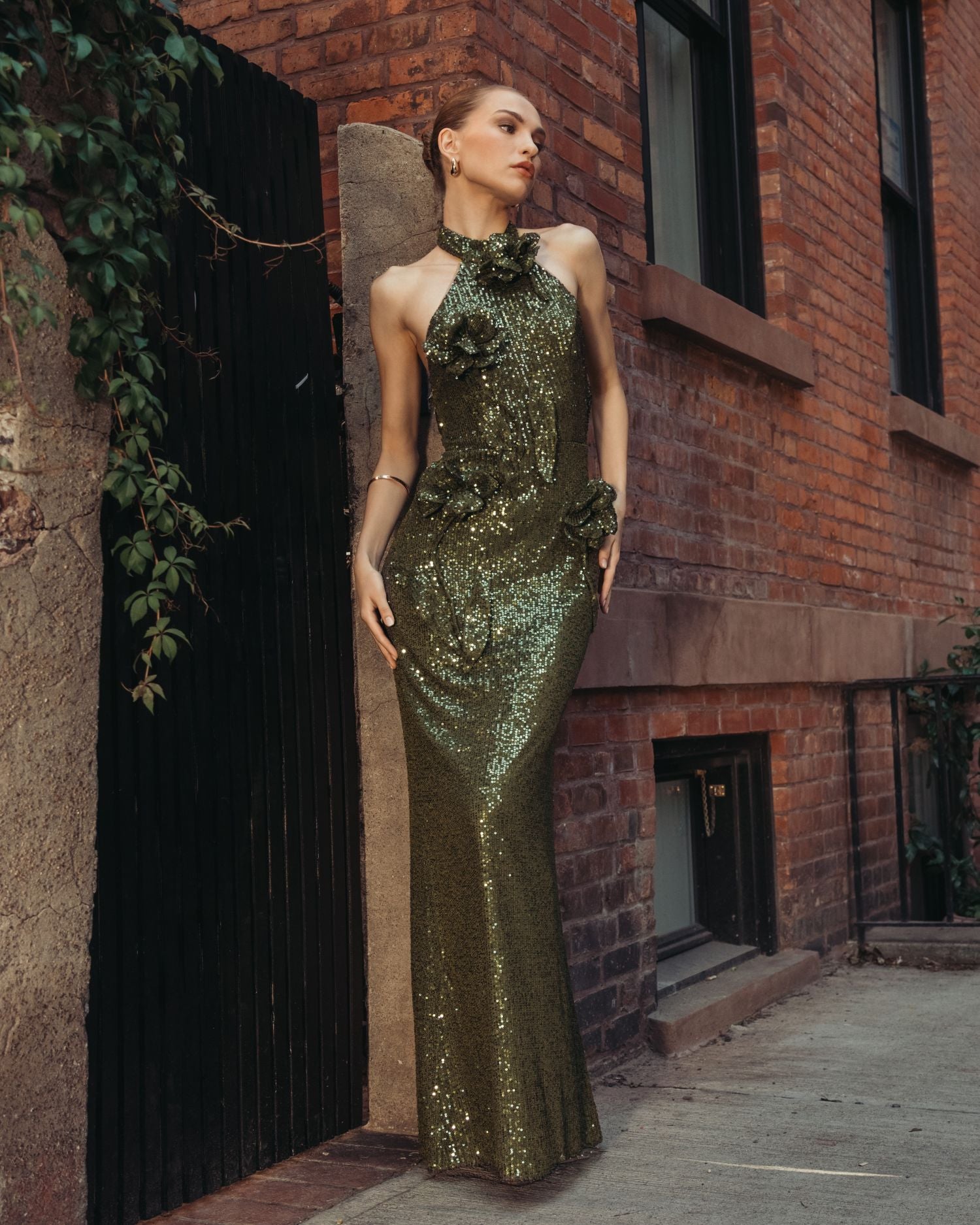 Green Halter Neck Sequin 3D Flower Column Gown - Ieena for Mac Duggal
