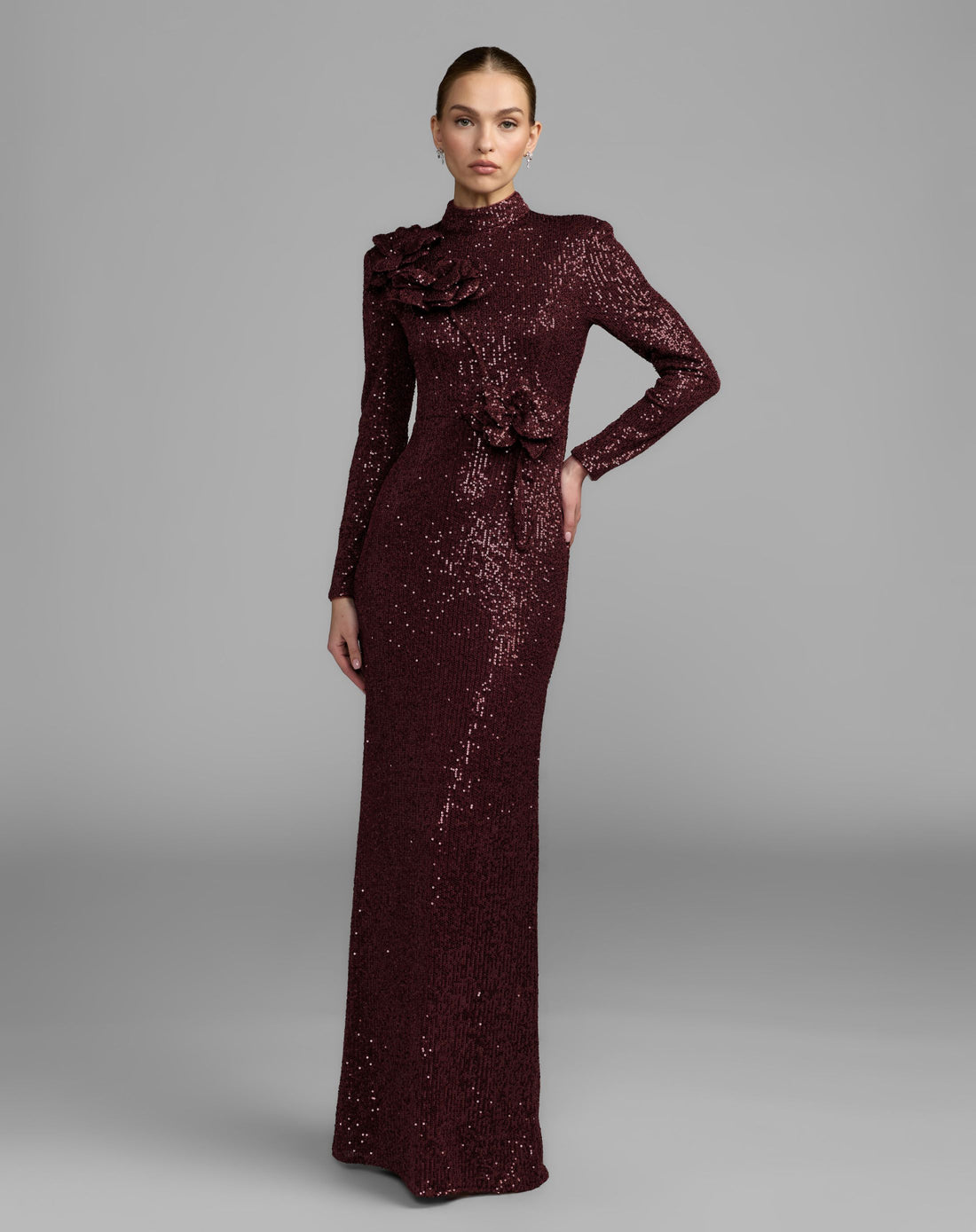 Burgundy Long Sleeve Sequin Gown With Flowers - Mac Duggal