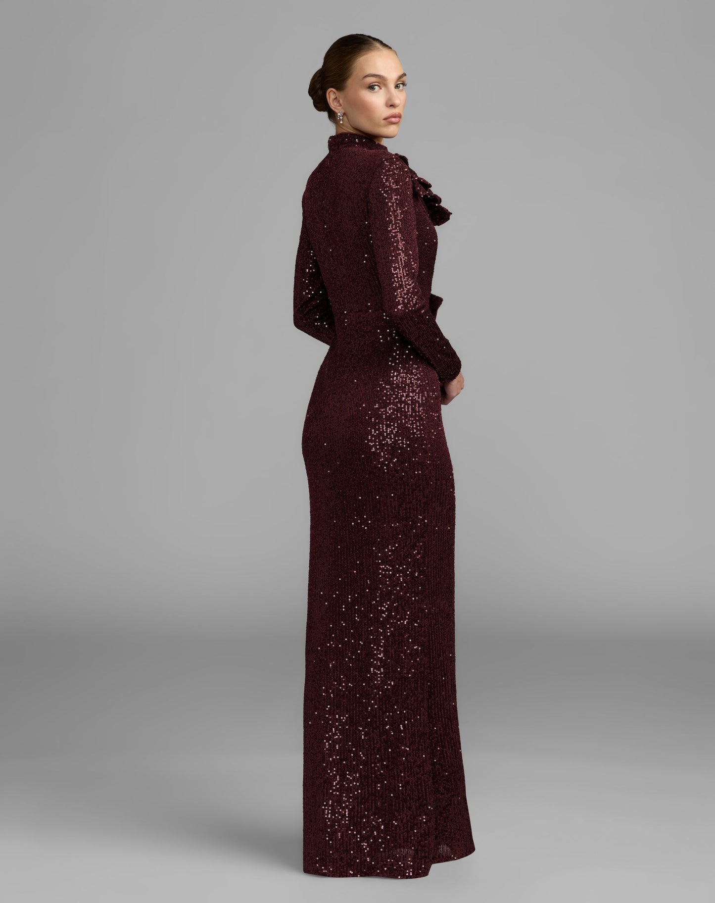 Burgundy Long Sleeve Sequin Gown With Flowers - Mac Duggal