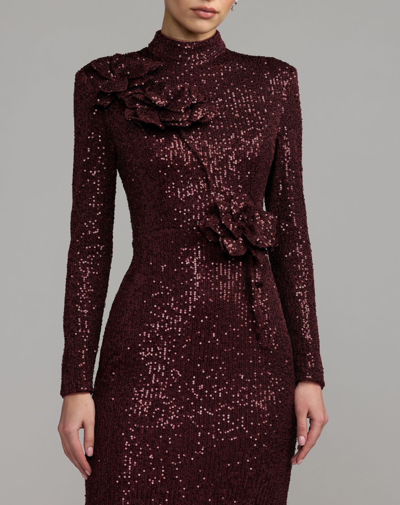 Burgundy Long Sleeve Sequin Gown With Flowers