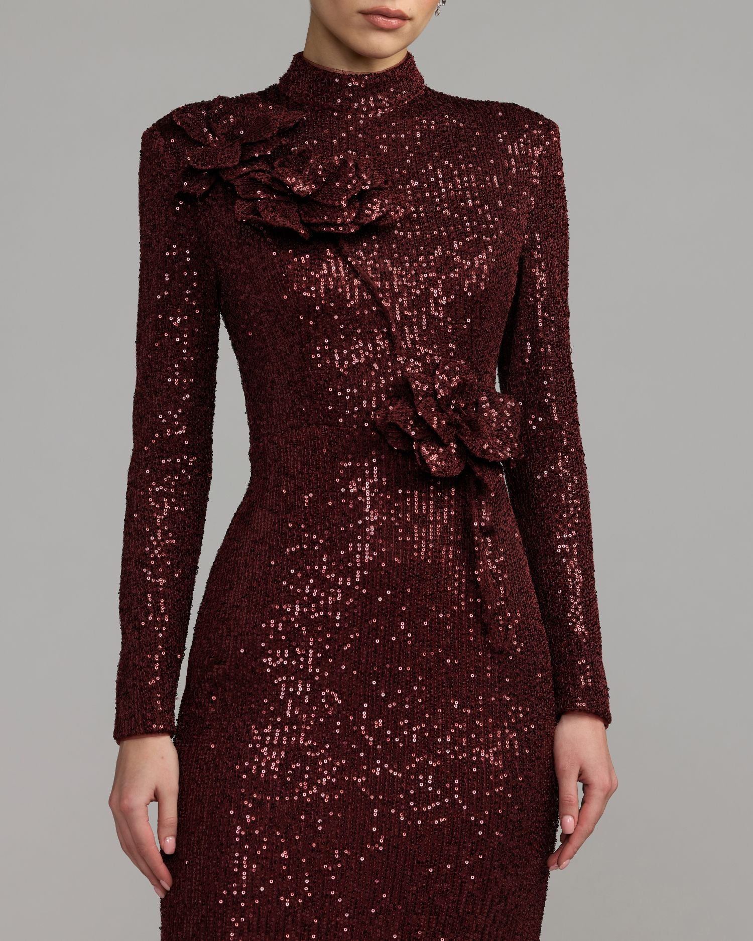 Burgundy Long Sleeve Sequin Gown With Flowers - Mac Duggal