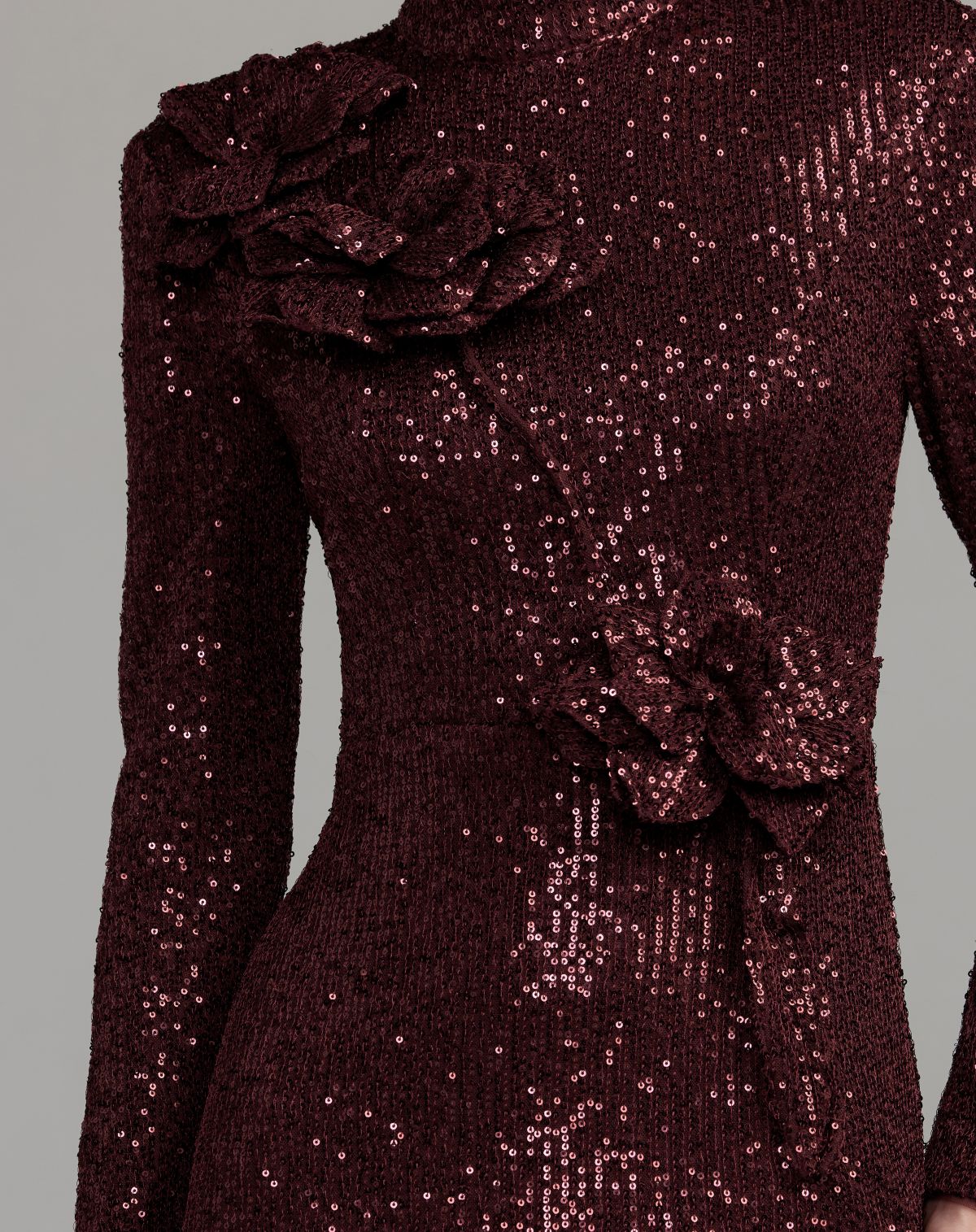 Burgundy Long Sleeve Sequin Gown With Flowers - Mac Duggal