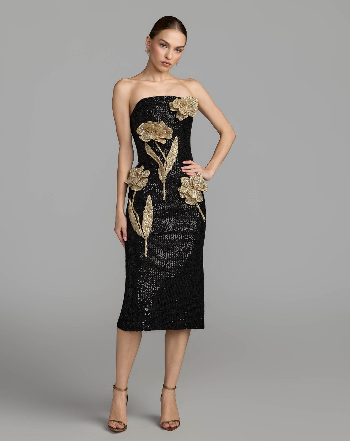 Black Gold 3D Floral Sequin Midi Dress Ieena for Mac Duggal