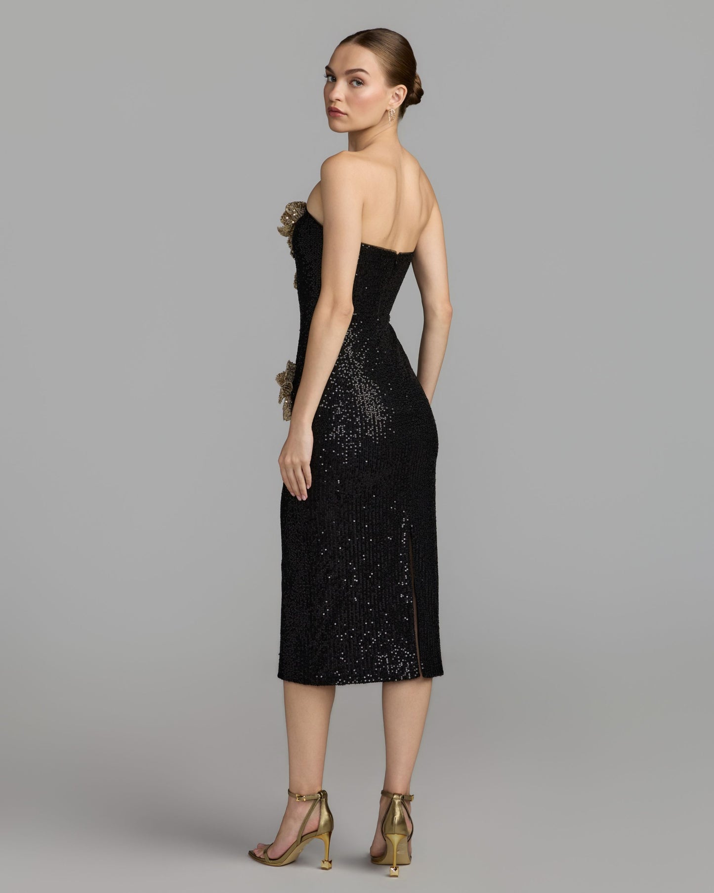 Black Gold 3D Floral Sequin Midi Dress Ieena for Mac Duggal