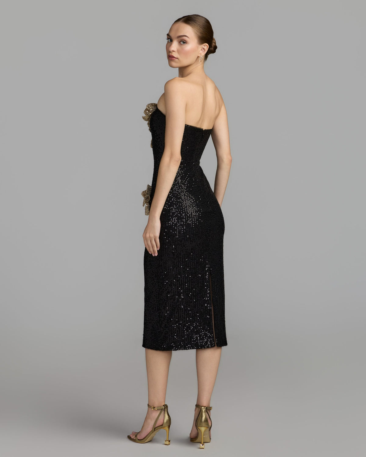 Black Gold 3D Floral Sequin Midi Dress Ieena for Mac Duggal