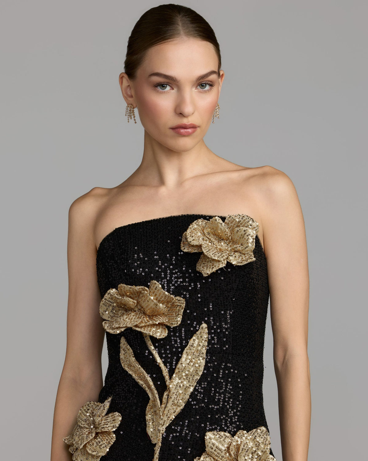 Black Gold 3D Floral Sequin Midi Dress Ieena for Mac Duggal