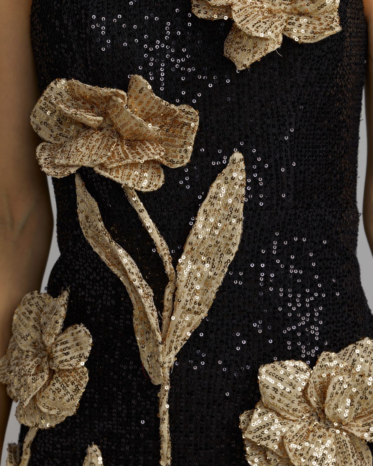 Black Gold 3D Floral Sequin Midi Dress Ieena for Mac Duggal
