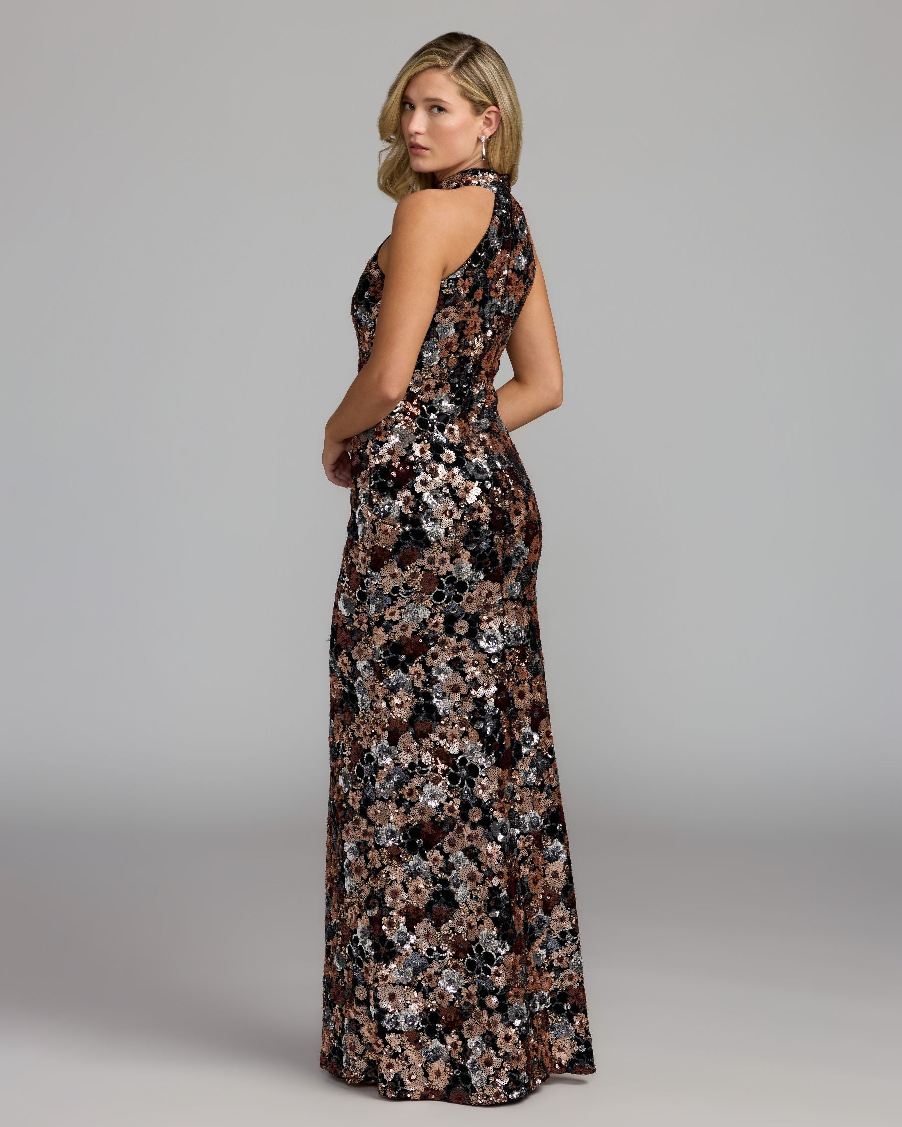 Black Gold Floral Sequin Velvet Halter Gown Mac Duggal