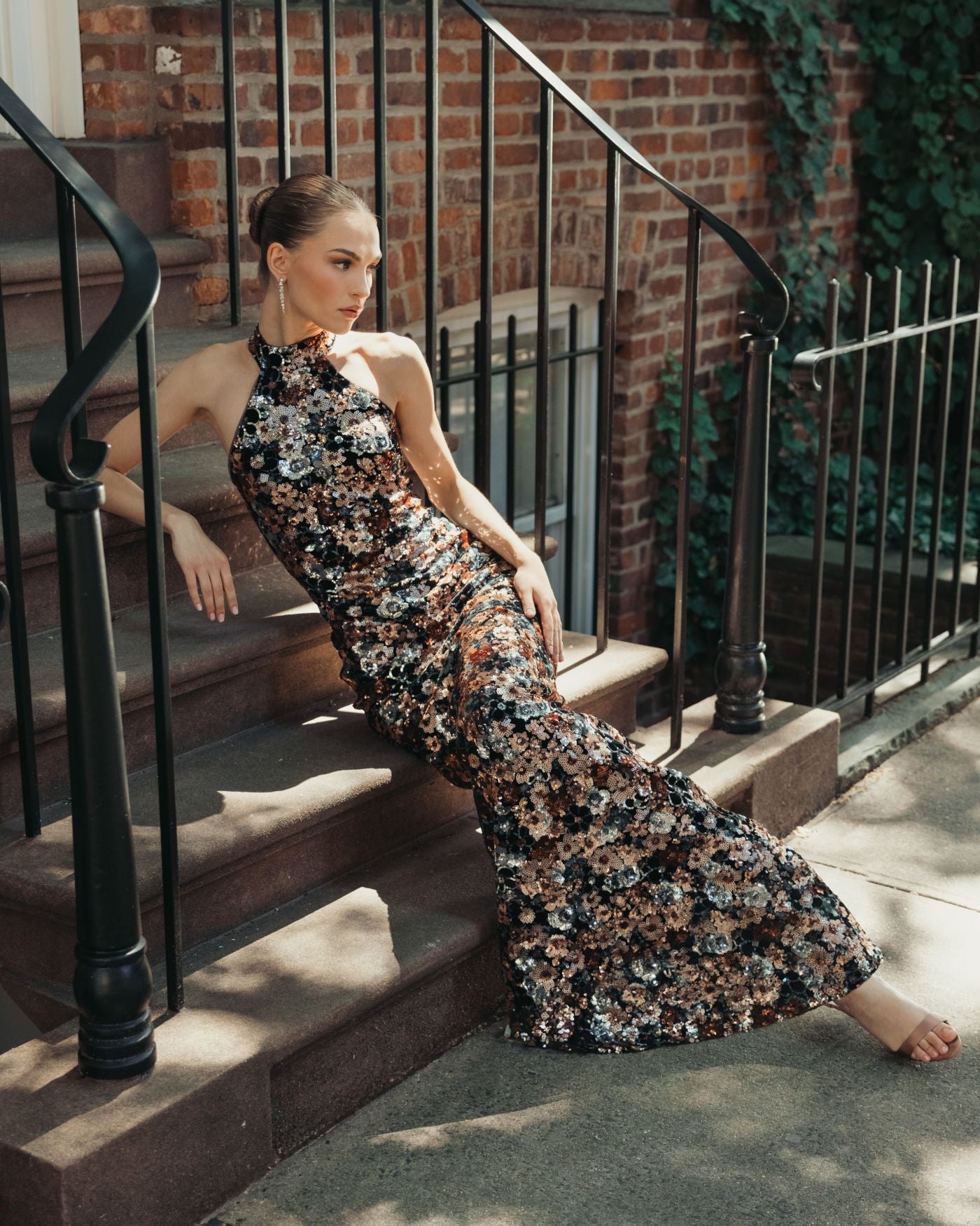 Black Gold Floral Sequin Velvet Halter Gown Mac Duggal