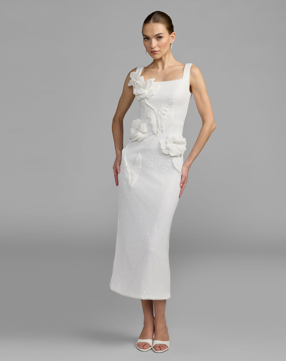 White Sequin Fitted Midi Dress With 3D Flowers - Ieena for Mac Duggal