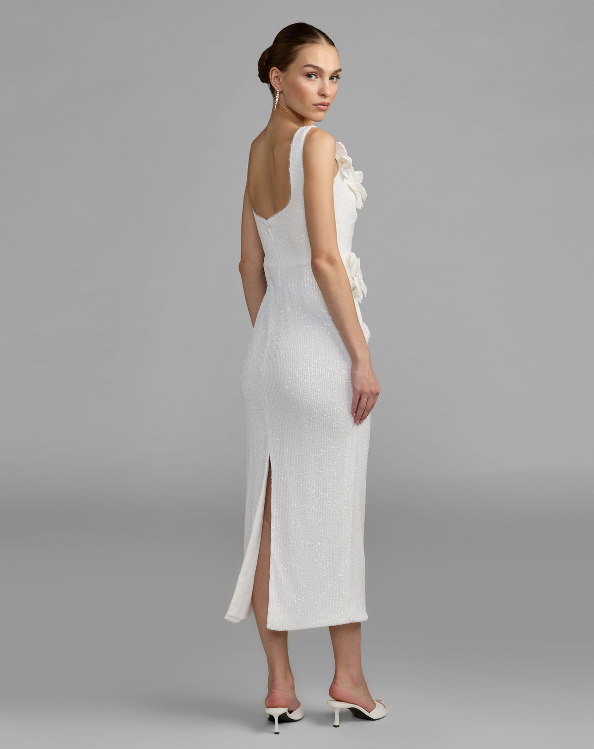 White Sequin Fitted Midi Dress With 3D Flowers - Ieena for Mac Duggal