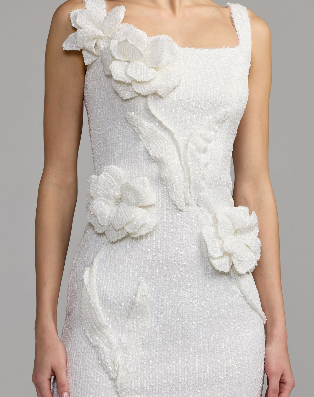 White Sequin Fitted Midi Dress With 3D Flowers - Ieena for Mac Duggal