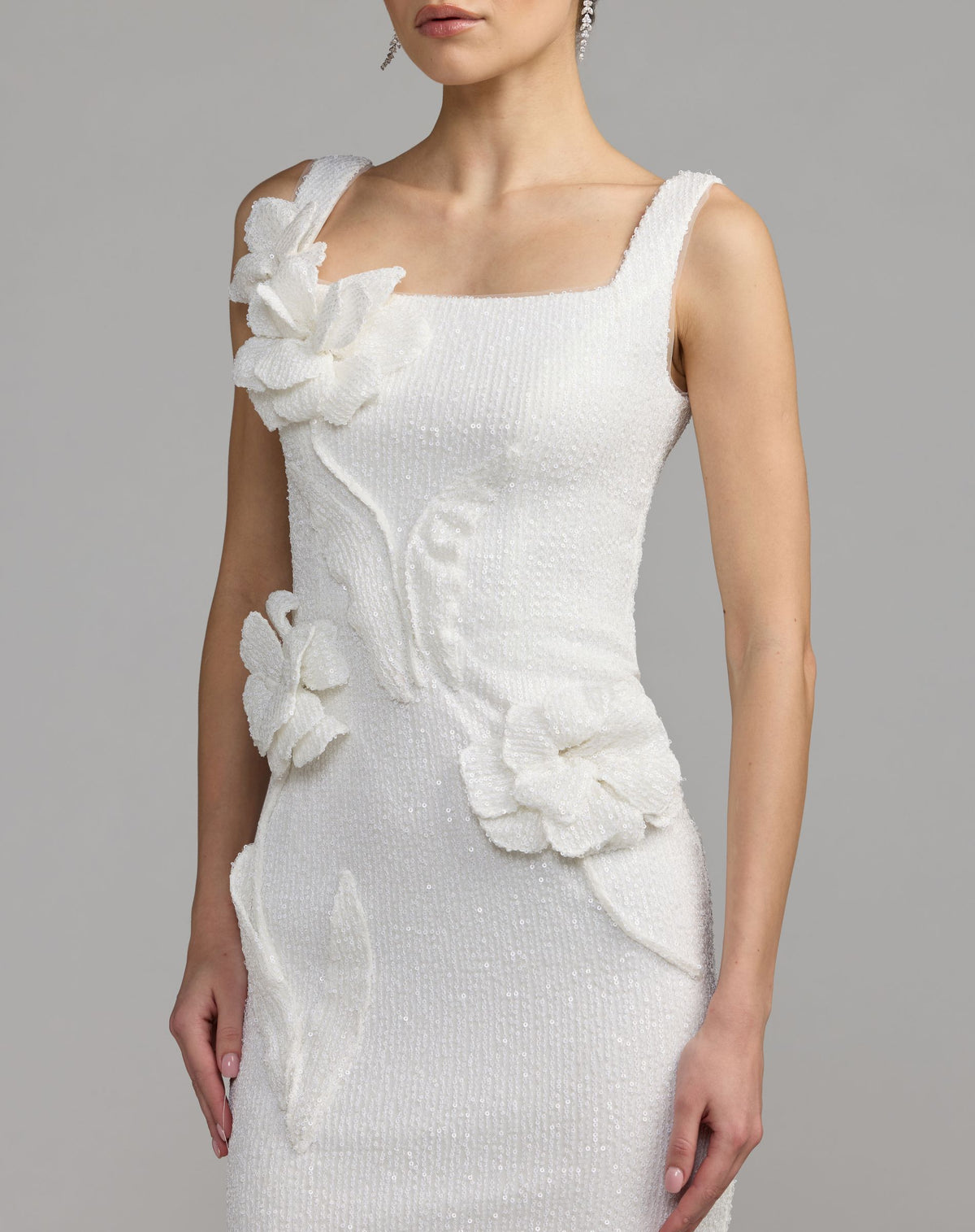 White Sequin Fitted Midi Dress With 3D Flowers - Ieena for Mac Duggal
