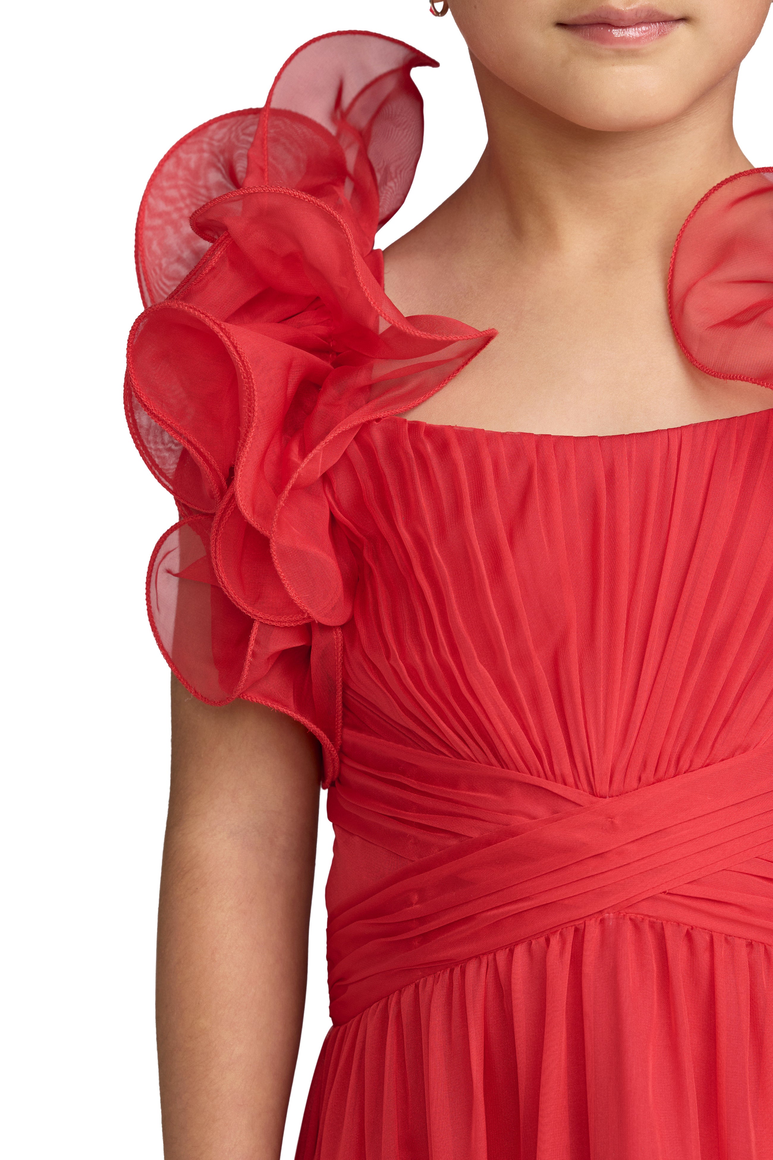 Children's Ruffle Shoulder Chiffon Gown - Red,0