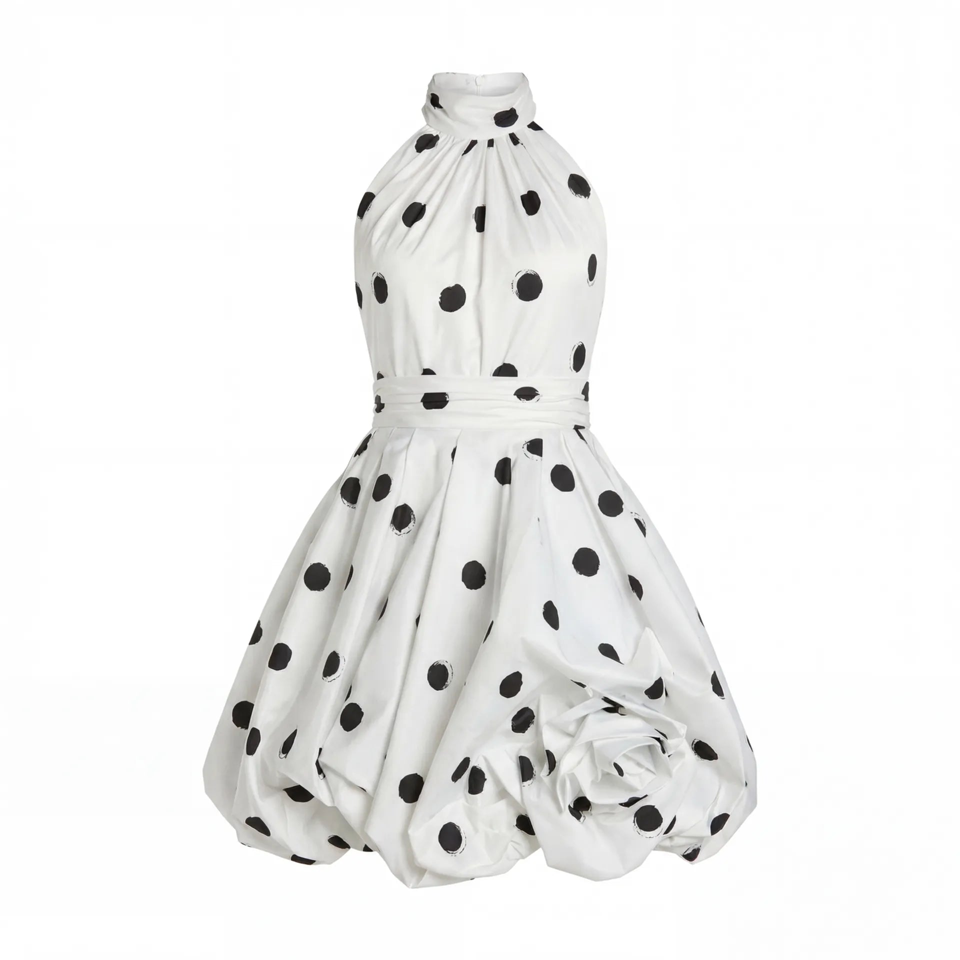 White Polka Dot Halter Mini Dress With 3D Rose | Mac Duggal White Polka Dot Halter Mini Dress With 3D Rose | Mac Duggal