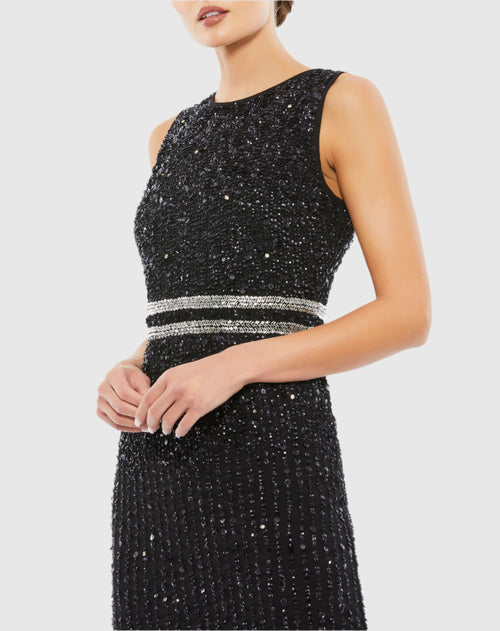 Sleeveless High Neck Beaded Midi Sheath Dress