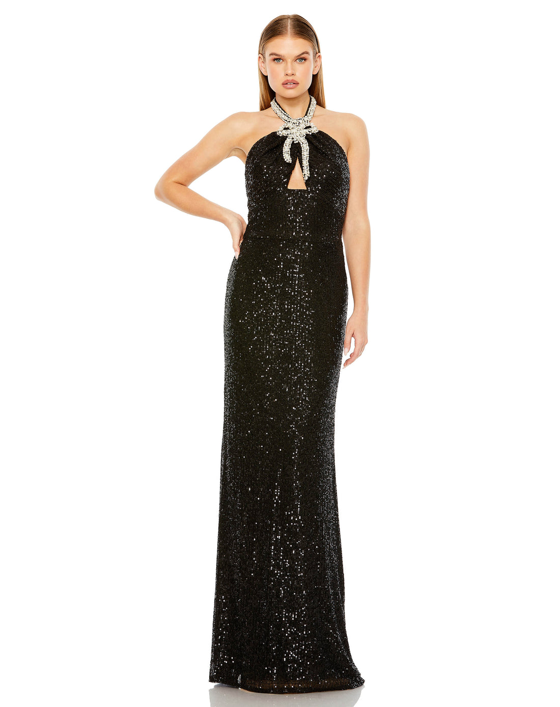 Halter Keyhole Sequin Gown - Black,2