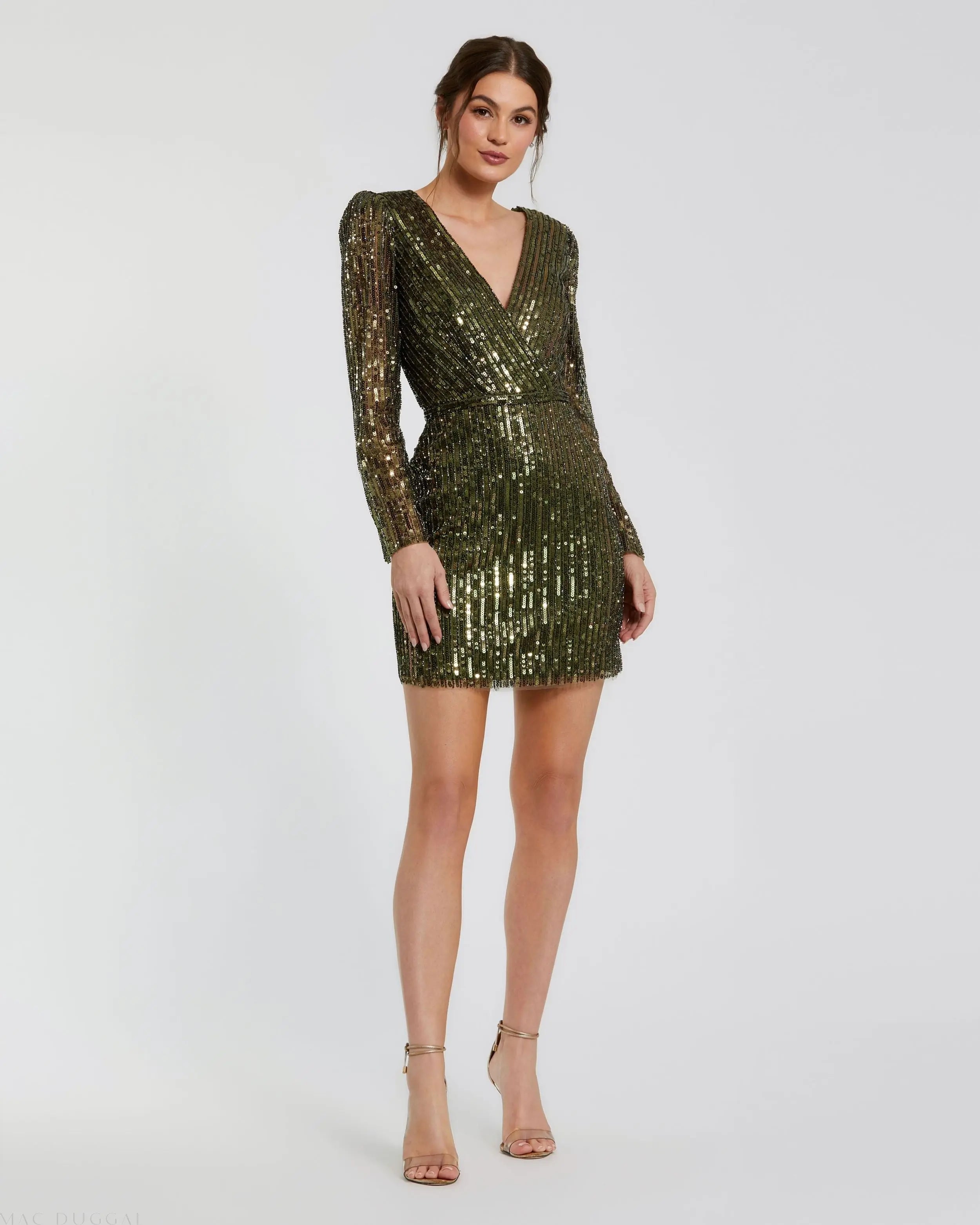 Green Long Sleeve Sequined Mini Dress - Mac Duggal