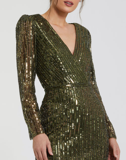 Olive Green Long Sleeve Sequined Mini Dress