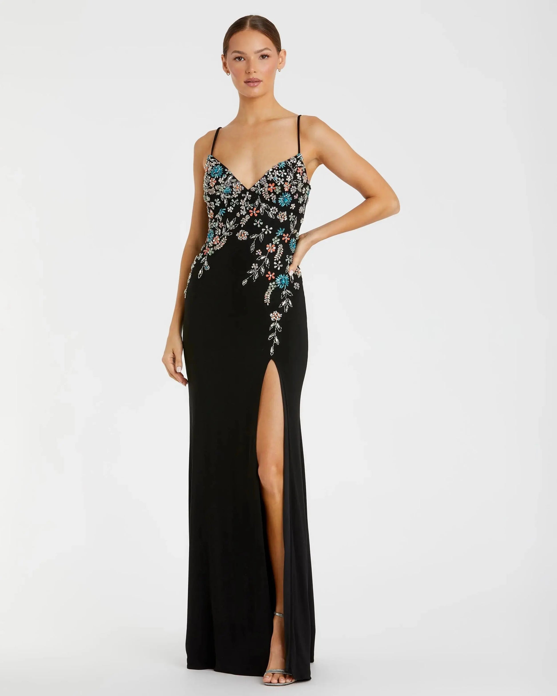 Black Multi Color Beaded Floral Cami Gown - Mac Duggal Black Multi Color Beaded Floral Cami Gown - Mac Duggal