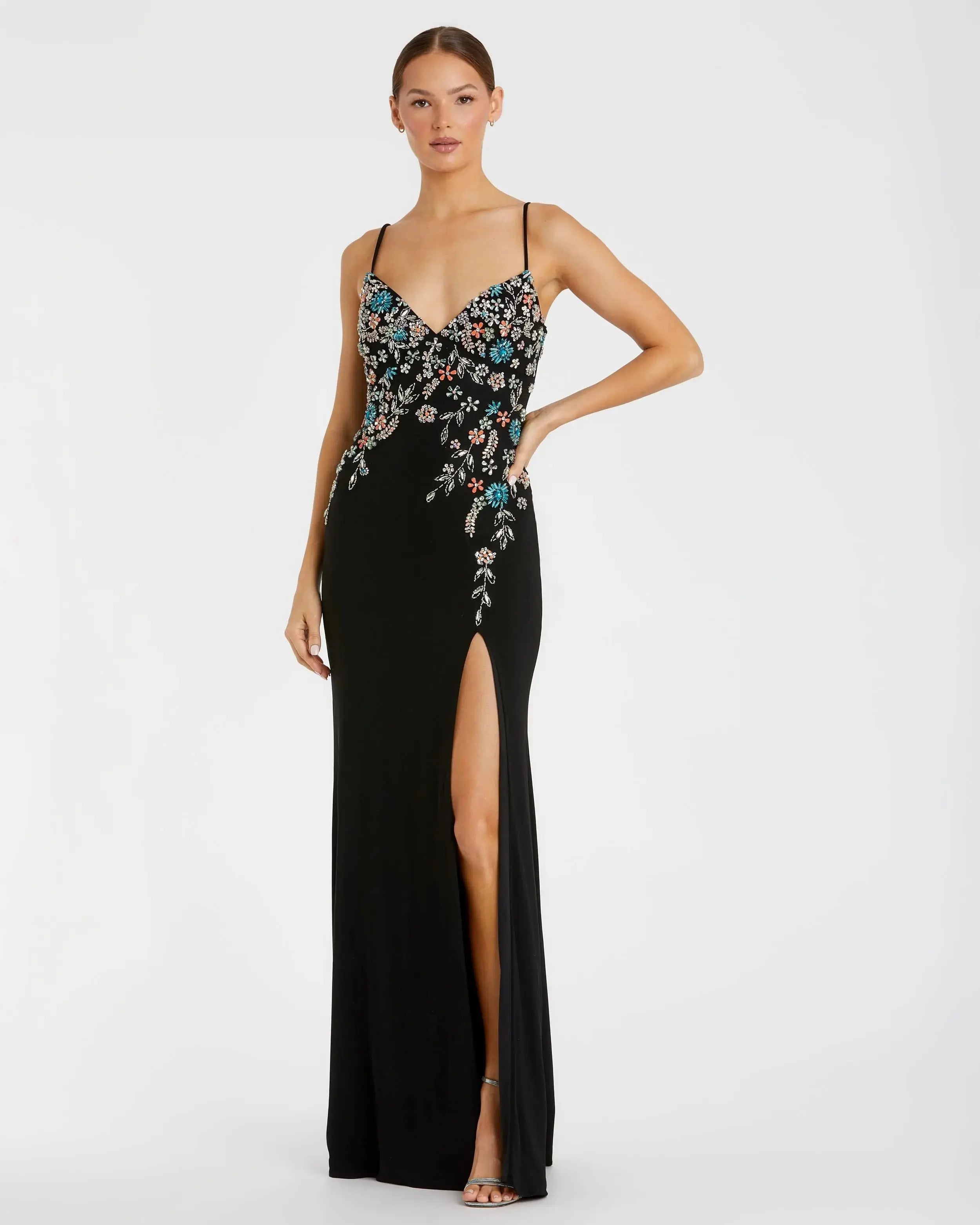 Black Multi Color Beaded Floral Cami Gown - Mac Duggal
