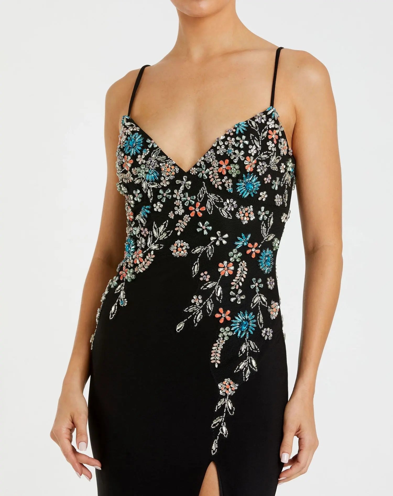 Black Multi Color Beaded Floral Cami Gown - Mac Duggal