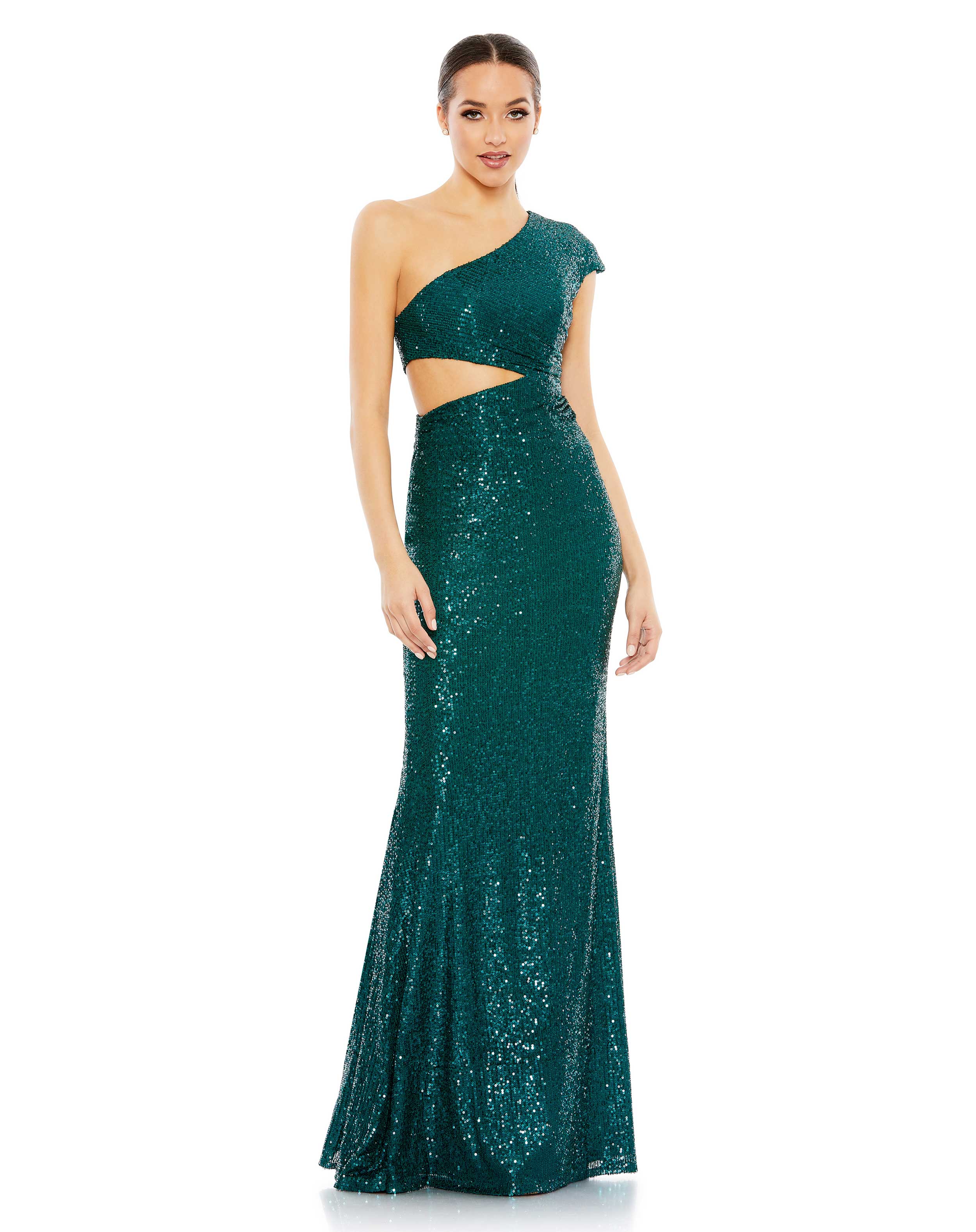 Sequined One Shoulder Cap Sleeve Cut Out Gown - FINAL SALE