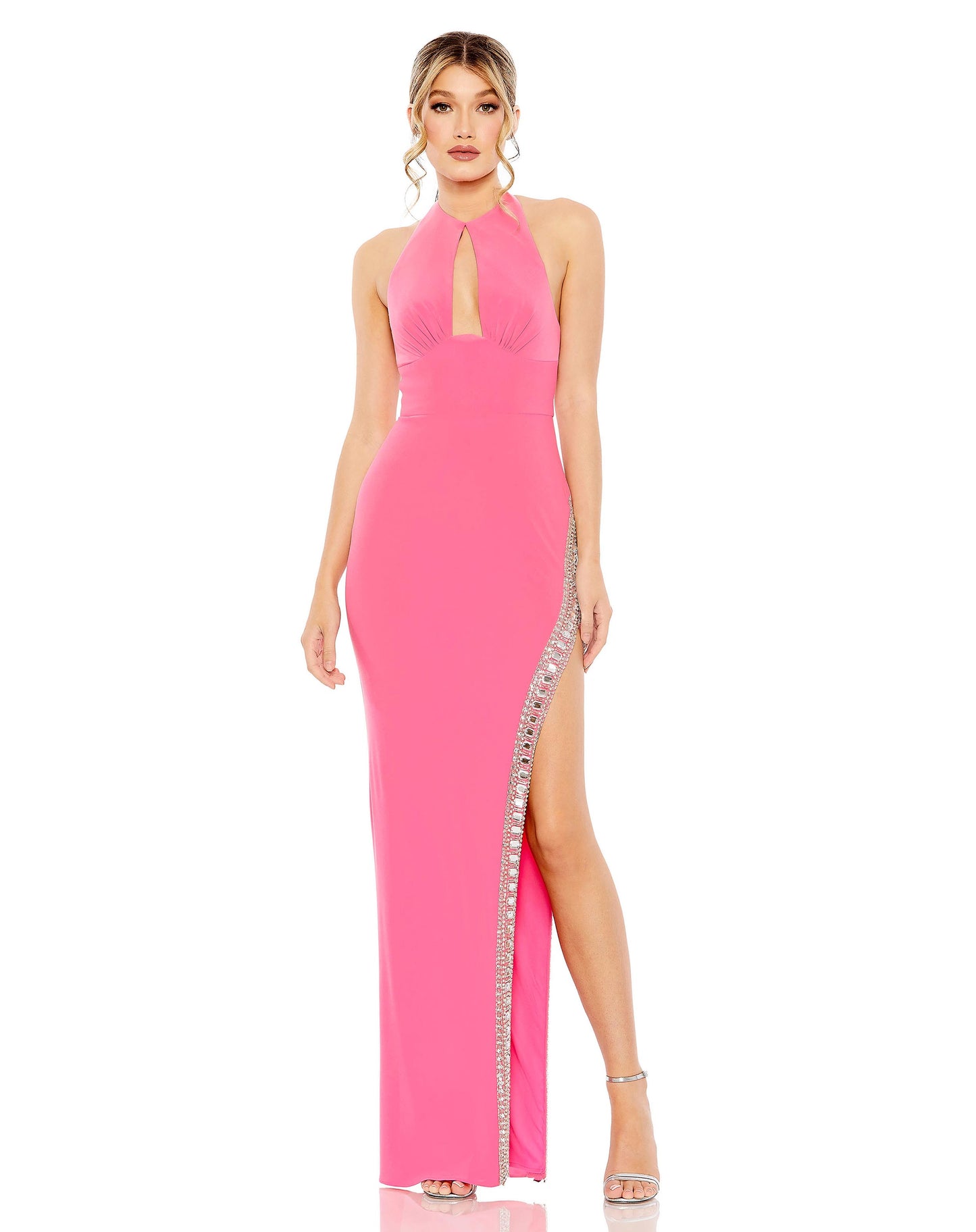 Jersey Halter Neck Beaded Slit Detail Gown