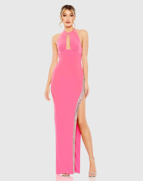 Jersey Halter Neck Beaded Slit Detail Gown