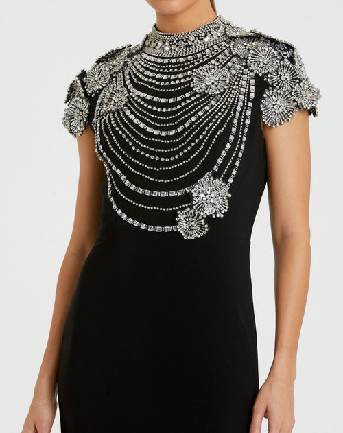 Black High Neck Embellished Column Gown - Mac Duggal