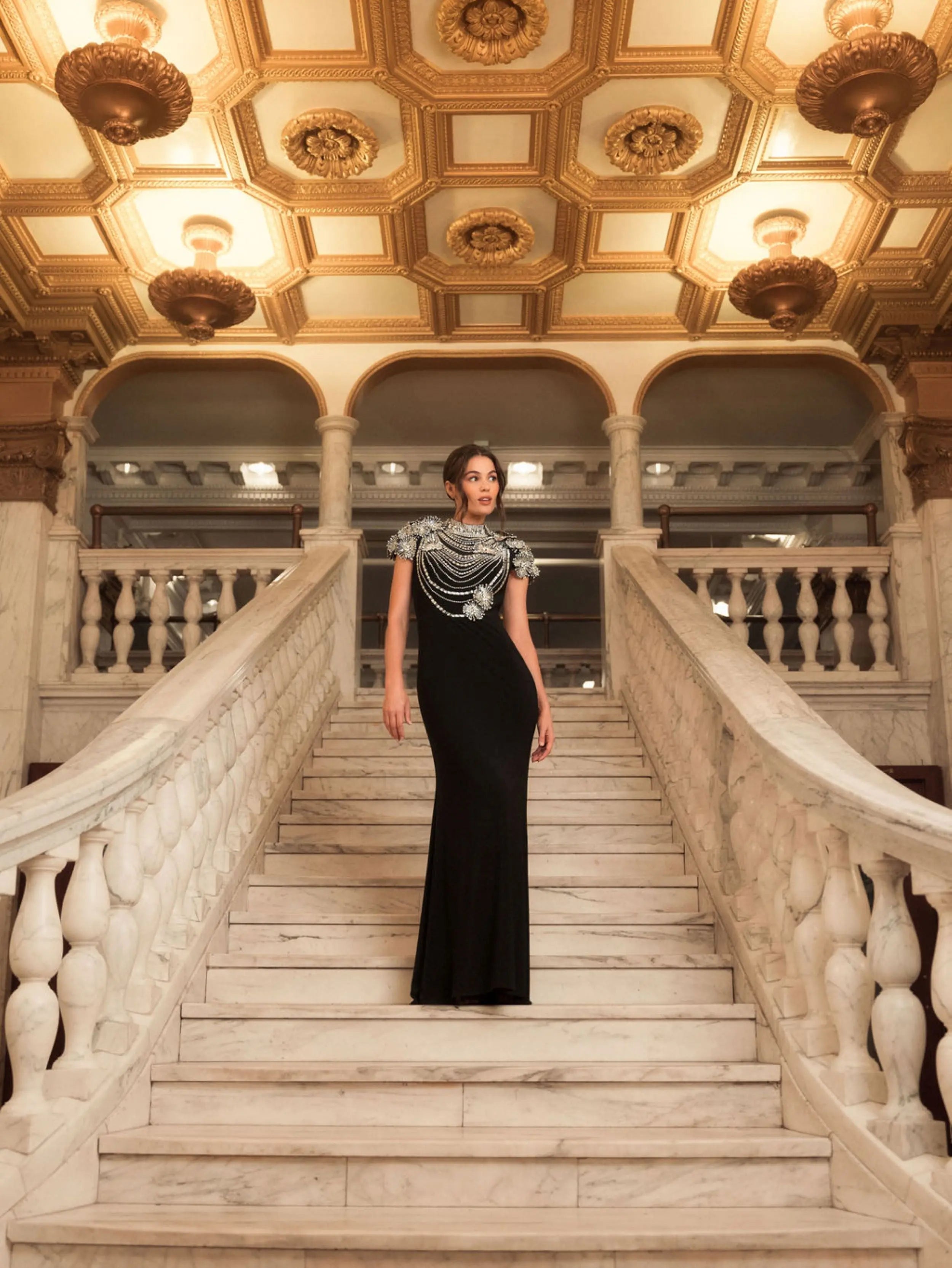 Black High Neck Embellished Column Gown - Mac Duggal