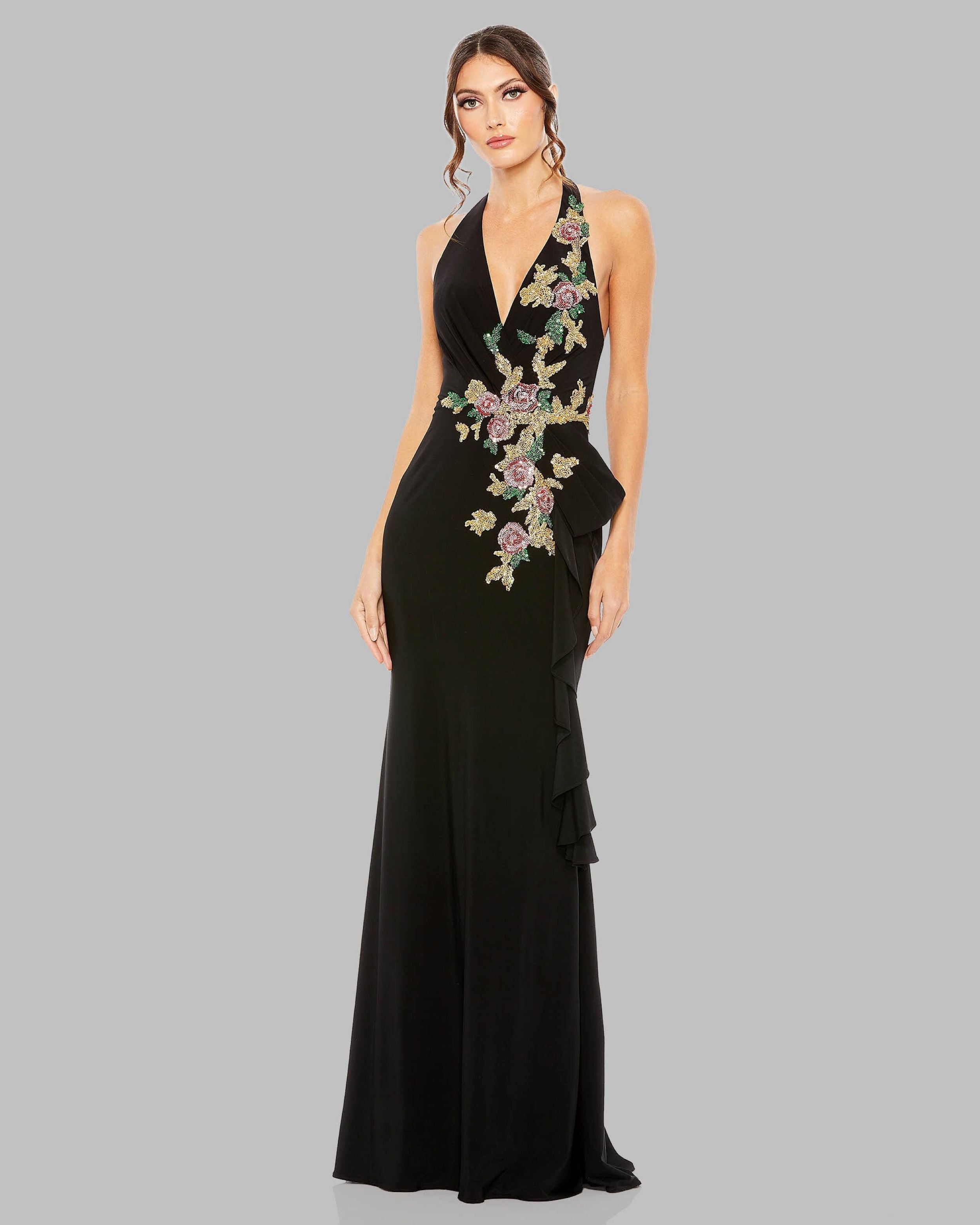 Black Halter Floral Embellished Column Gown Mac Duggal