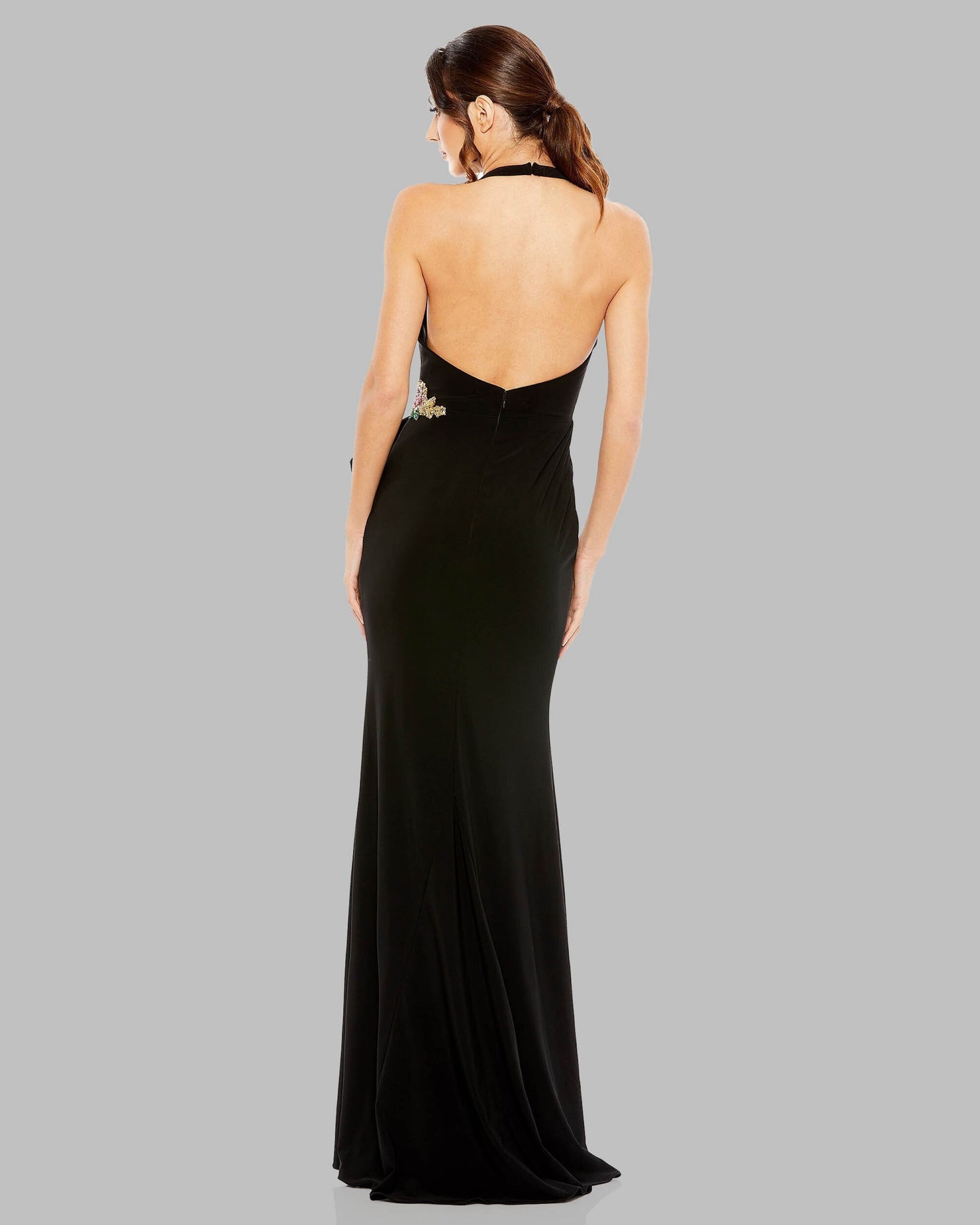 Black Halter Floral Embellished Column Gown Mac Duggal
