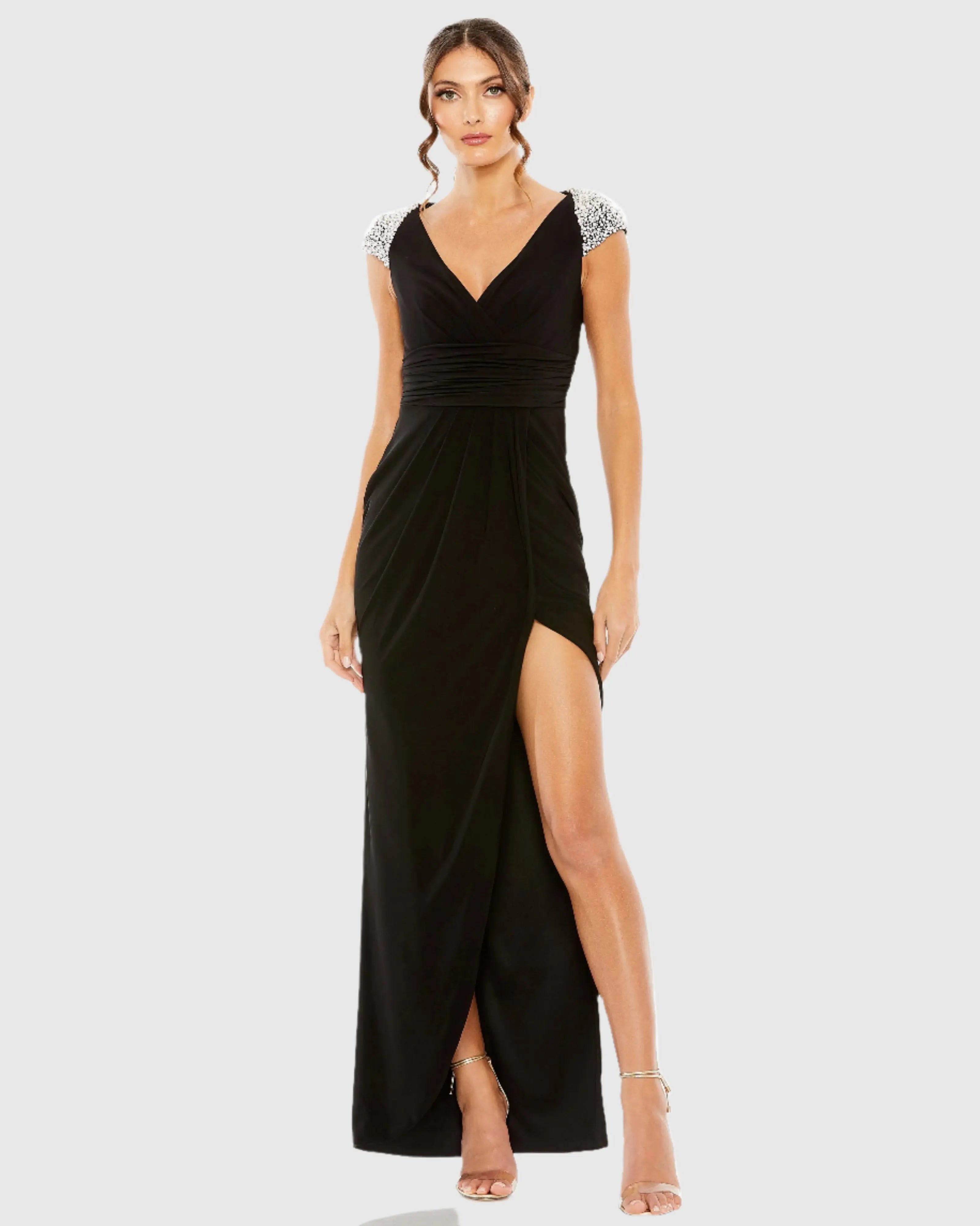 Black V Neck Embellished Cap Sleeve Faux Wrap Slit Gown - Mac Duggal