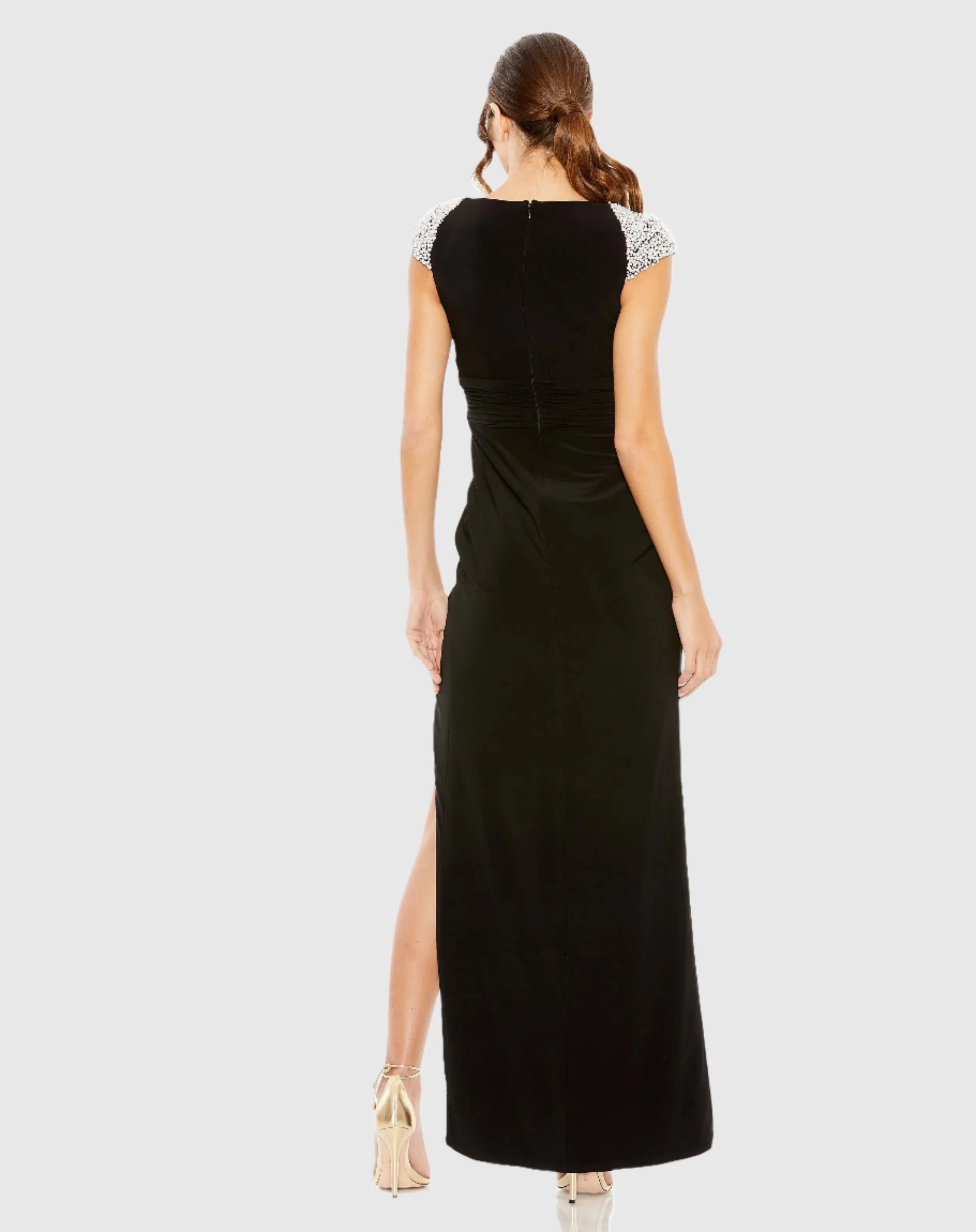 Black V Neck Embellished Cap Sleeve Faux Wrap Slit Gown - Mac Duggal