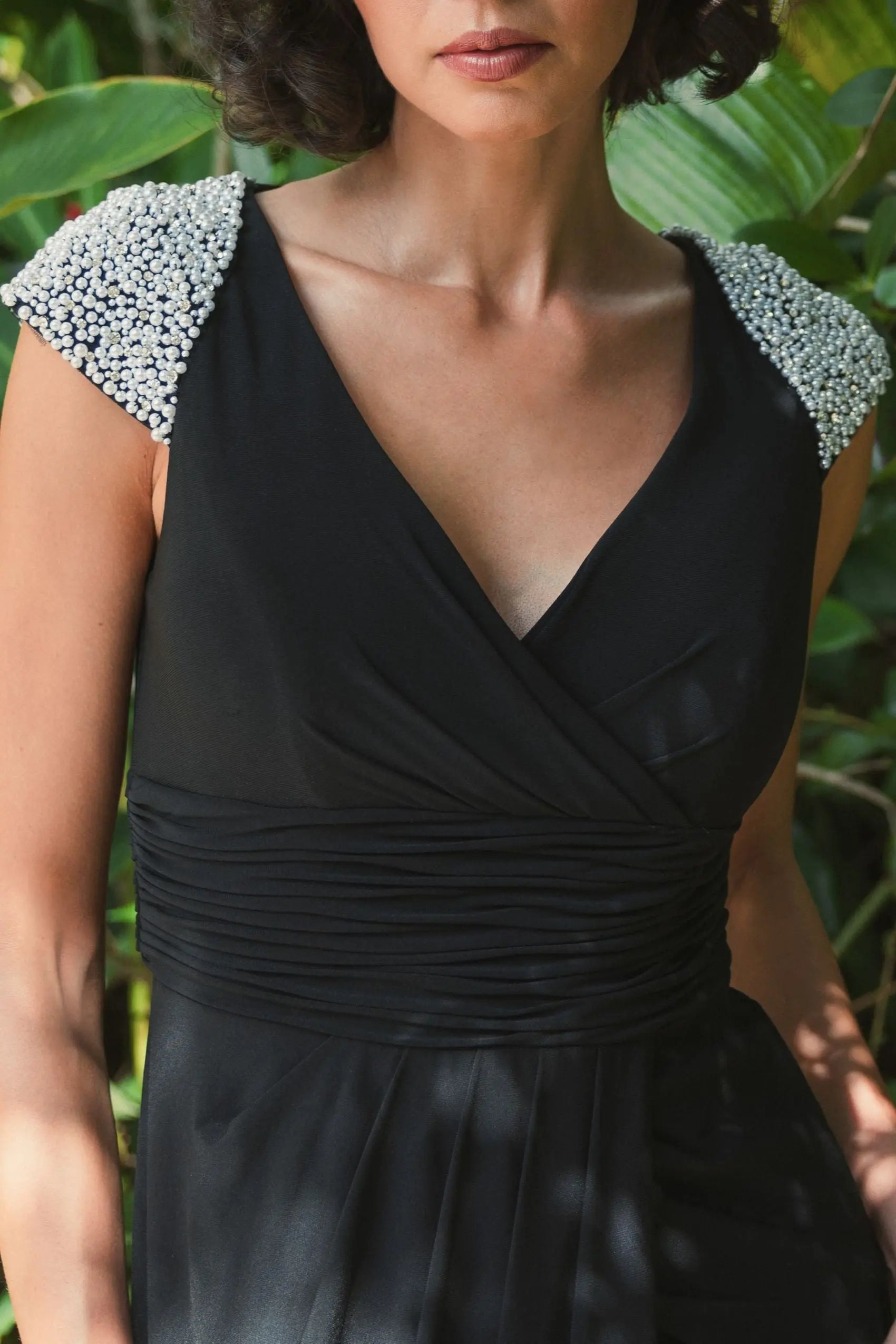 Black V Neck Embellished Cap Sleeve Faux Wrap Slit Gown - Mac Duggal