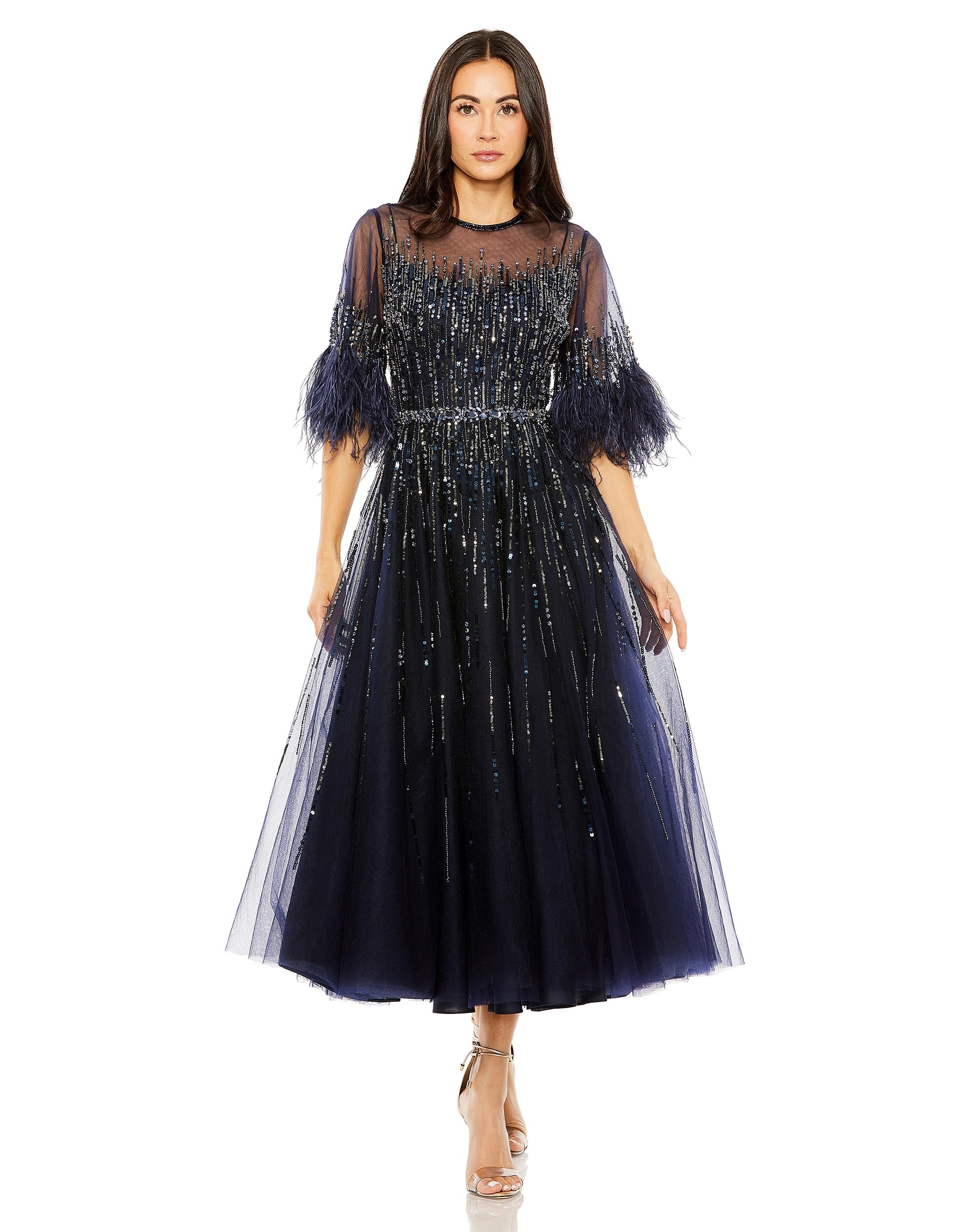 High Neck A-Line Tea-Length Dress with 3/4 Feather Detail Sleeves