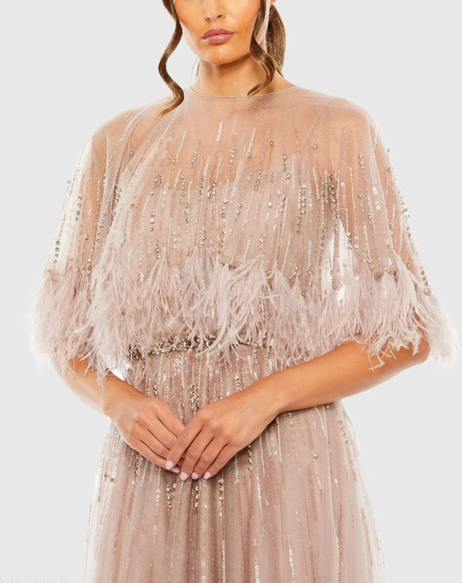 Mac Duggal Women's Embellished A Line Dress with Feather Detail Cape - Mocha Mac Duggal Women's Embellished A Line Dress with Feather Detail Cape - Mocha