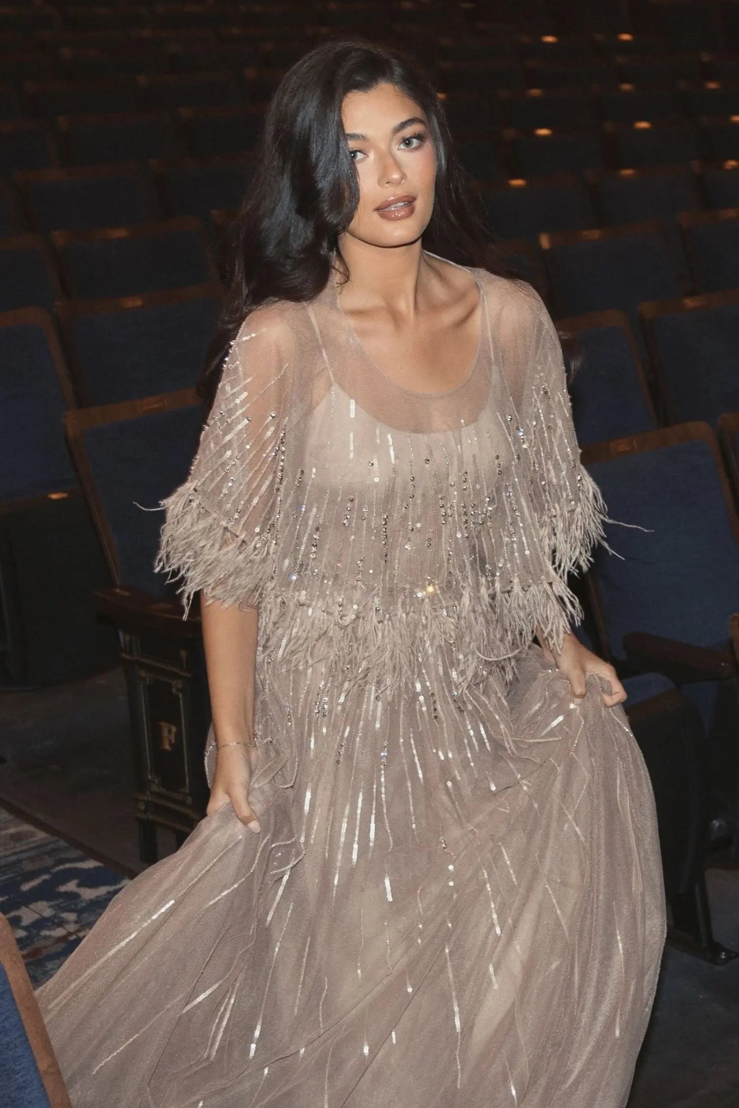 Beige Embellished A Line Dress with Feather Detail Cape - Mac Duggal