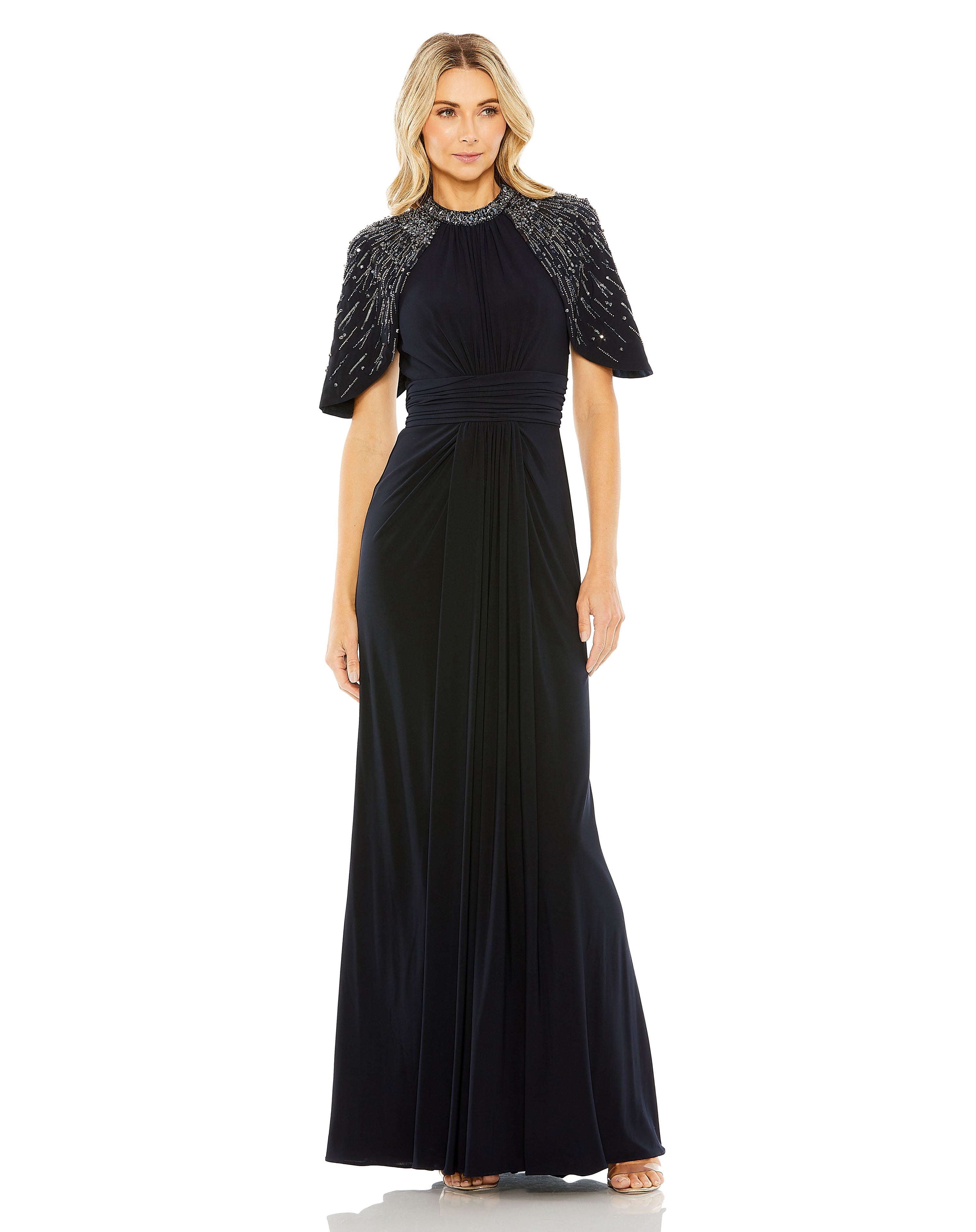 High Neck Column Gown with Embellished Cape