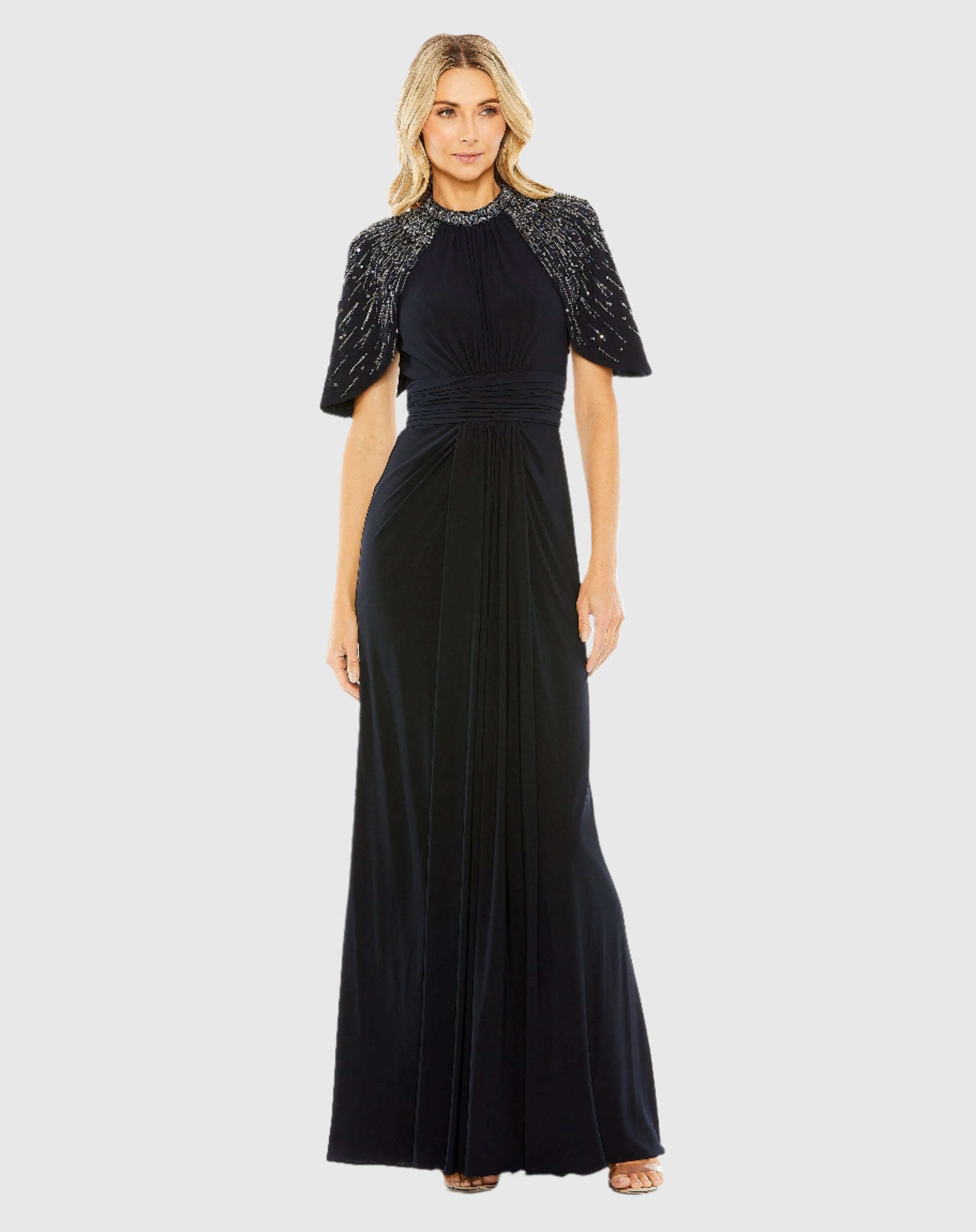 High Neck Column Gown with Embellished Cape