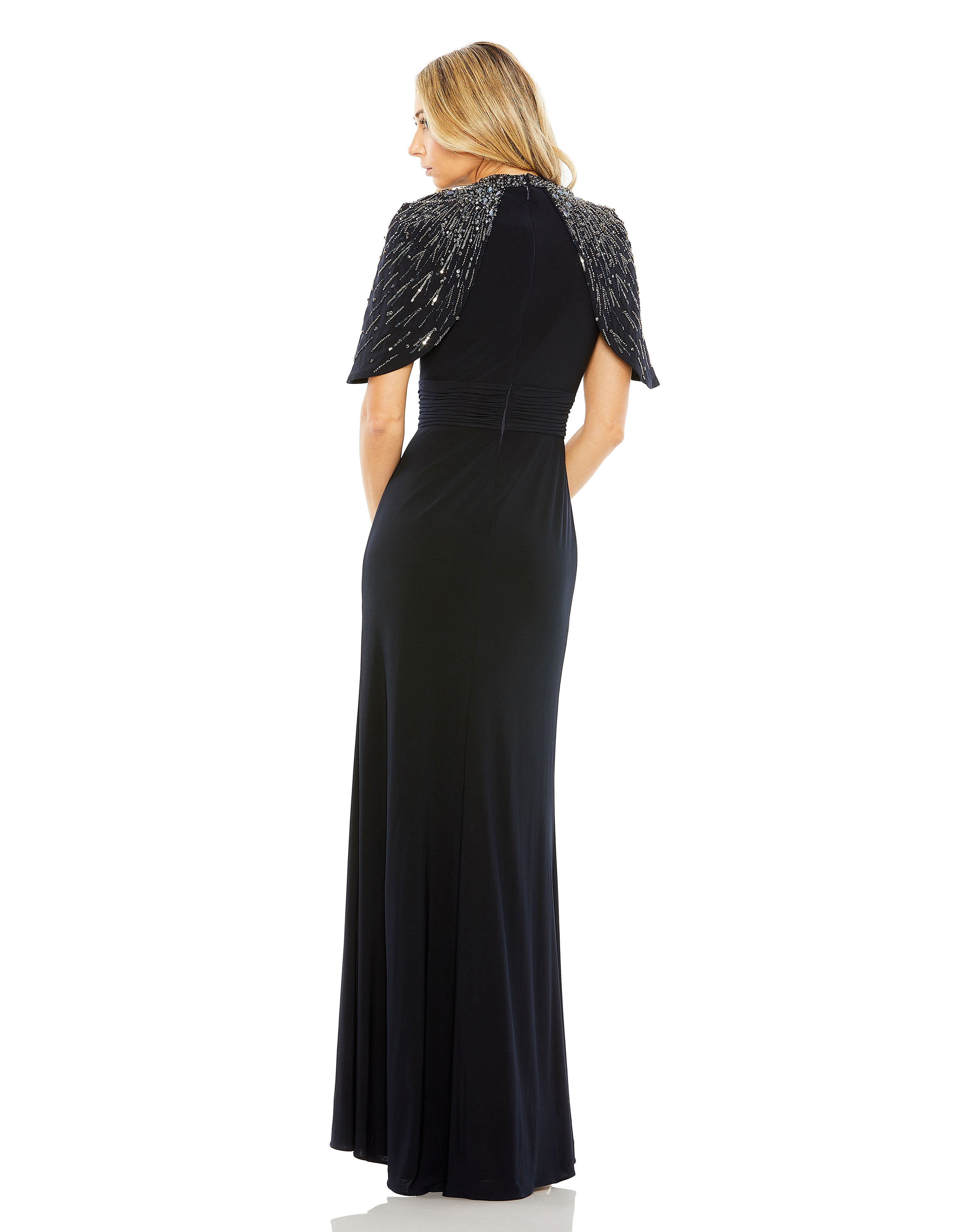 High Neck Column Gown with Embellished Cape