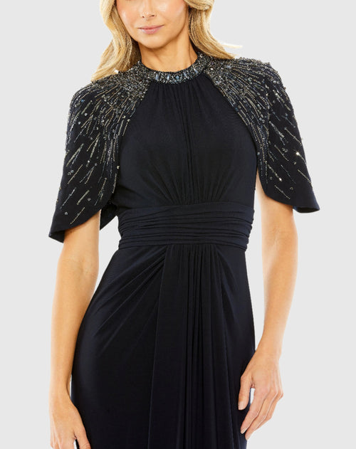 High Neck Column Gown with Embellished Cape