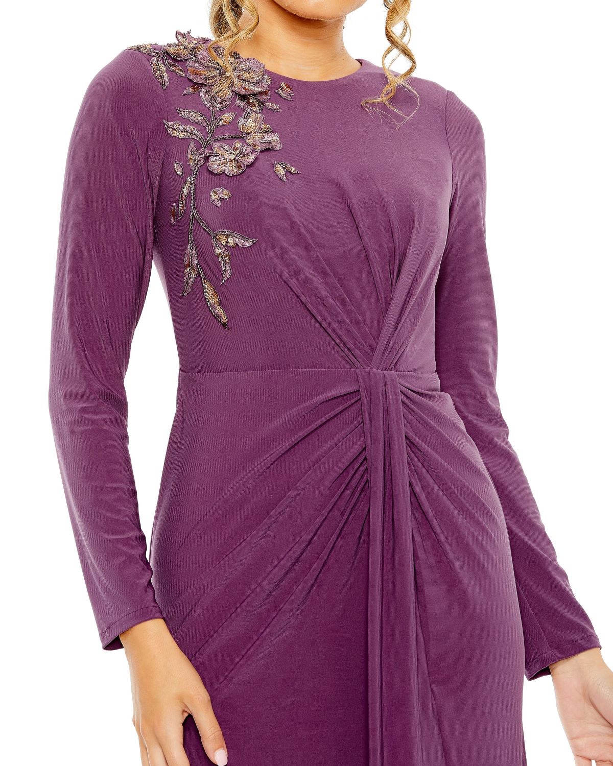Jersey High Neck Long Sleeve Embellished Gown