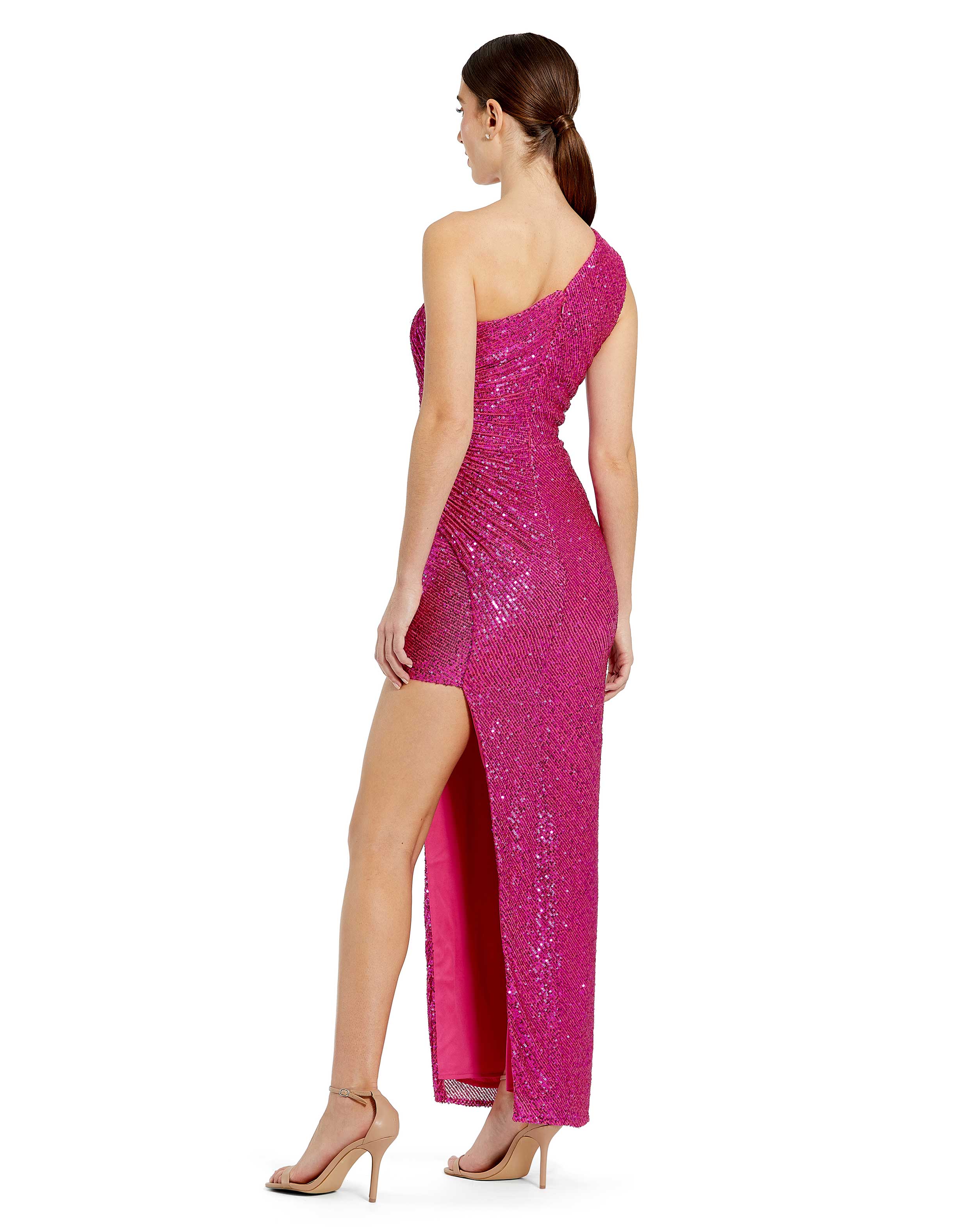 One Shoulder Asymmetrical Ruched Sequin Gown | Sample | Sz. XS