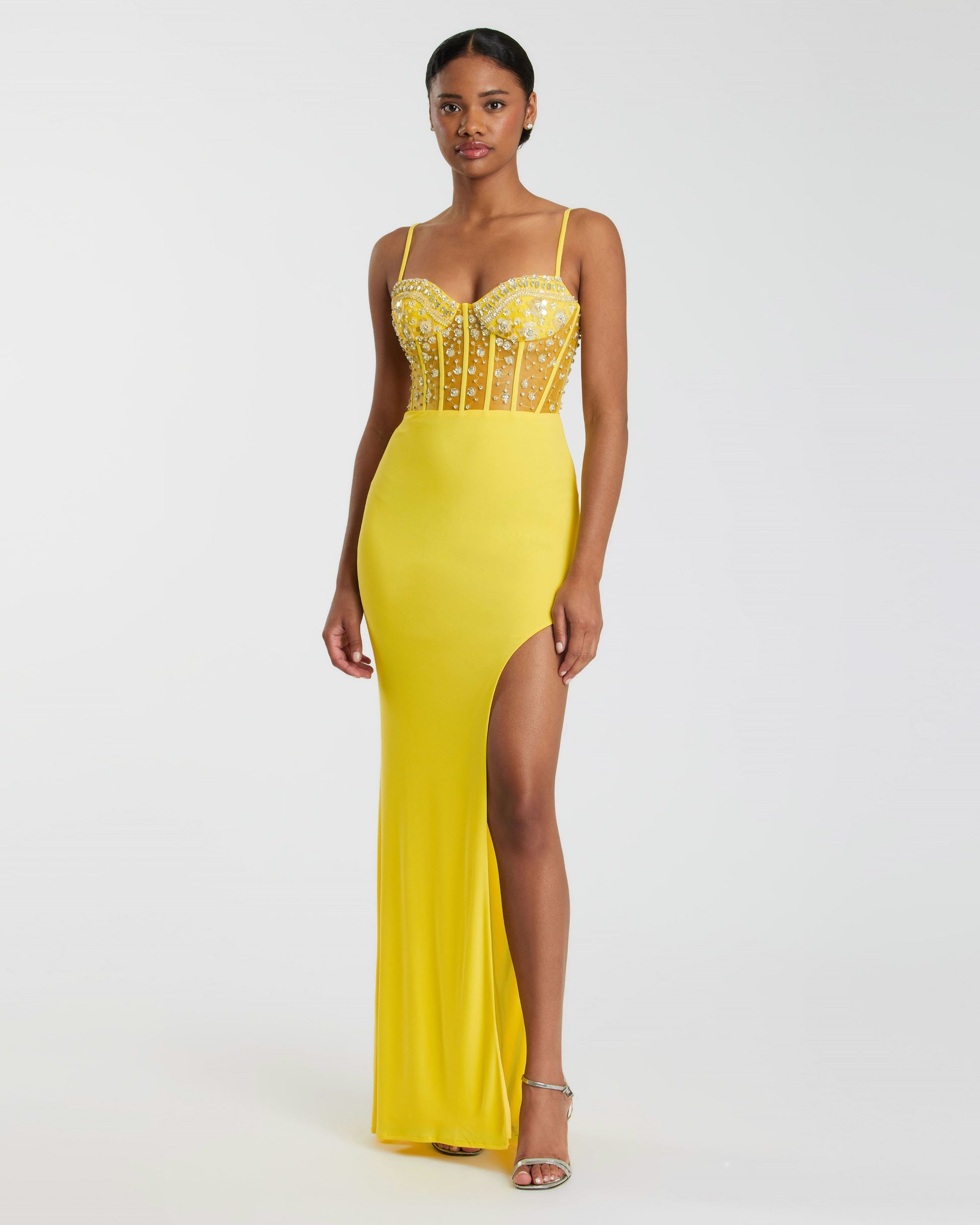 Spaghetti Strap Beaded Sheer Bodice Gown with Slit