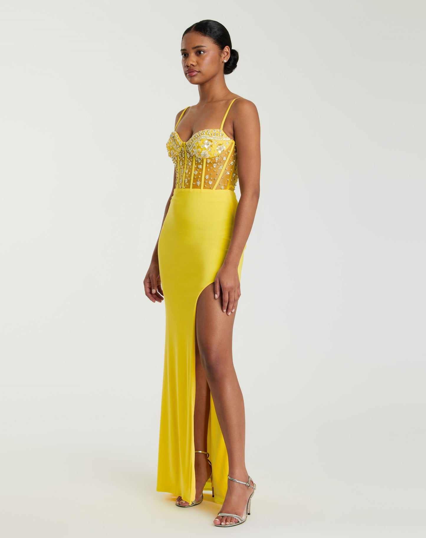 Spaghetti Strap Beaded Sheer Bodice Gown with Slit - FINAL SALE